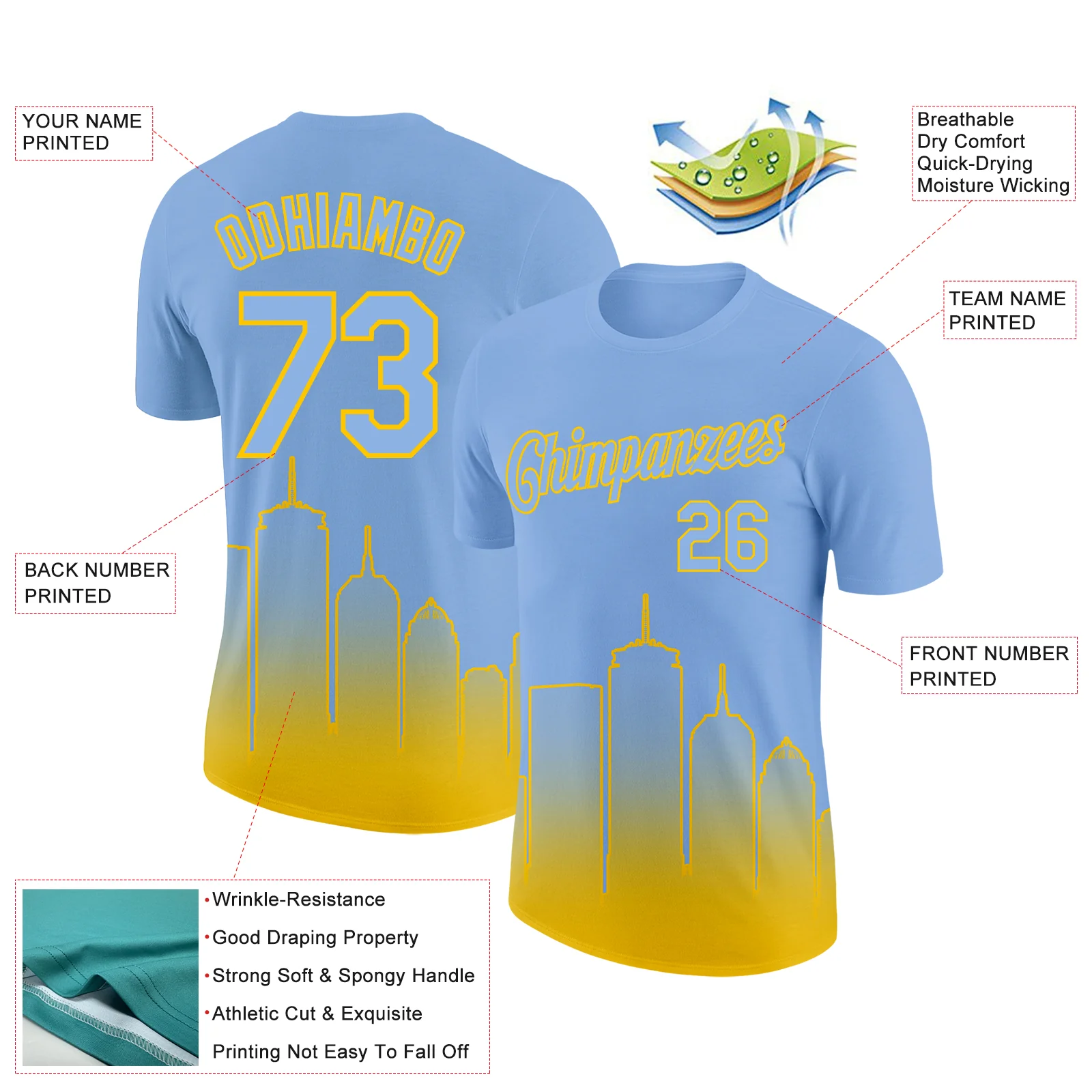 Custom Light Blue Yellow 3D Boston City Edition Fade Fashion Performance T-Shirt - Image 2