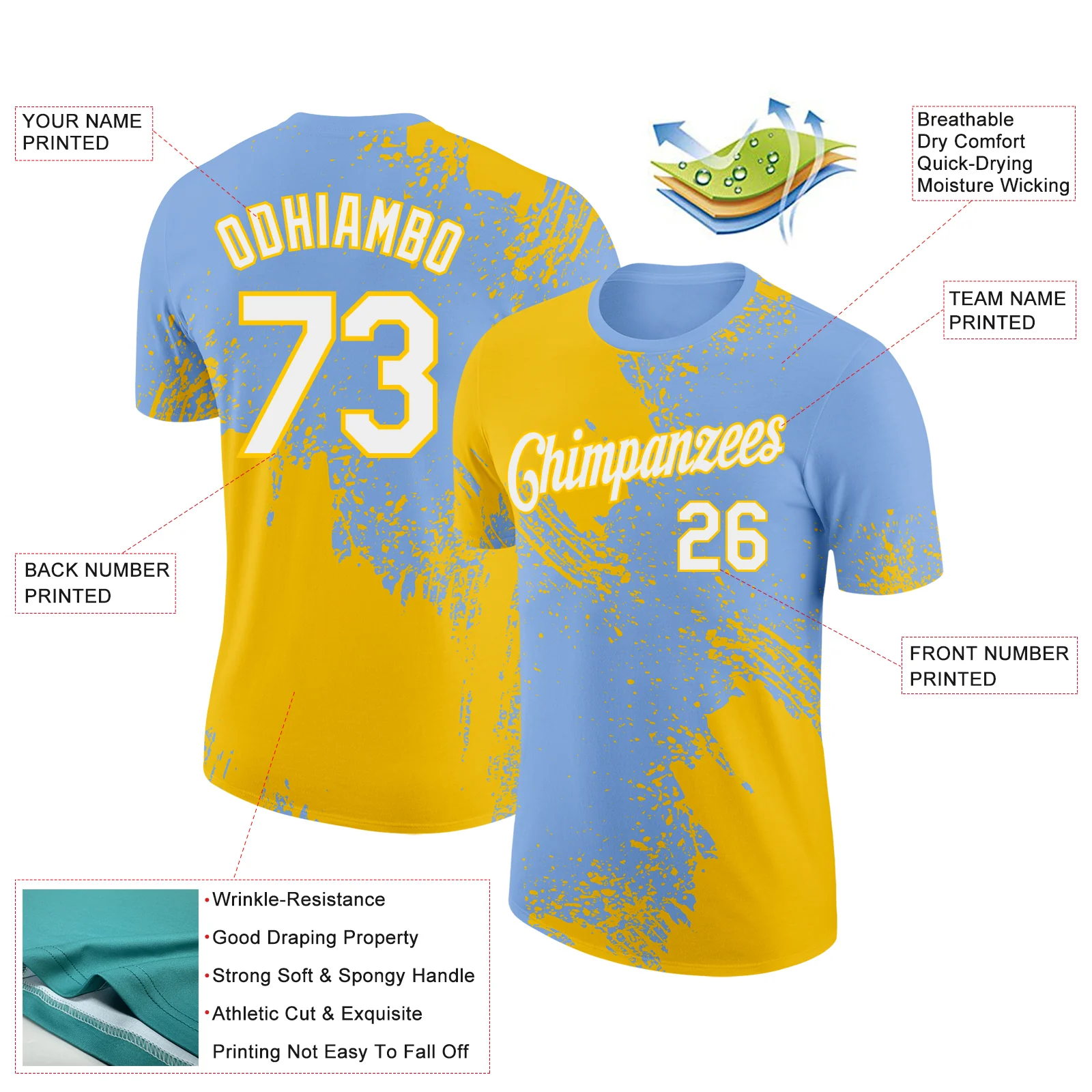 Custom Light Blue White-Yellow 3D Pattern Design Abstract Brush Stroke Performance T-Shirt - Image 2