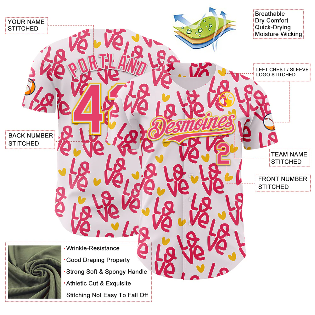 Custom Light Pink Neon Pink Yellow-White Valentine's Day Love Heart Authentic Baseball Jersey - Image 3