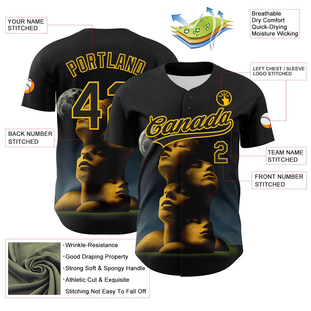 Custom Navy Black-Yellow 3D Marcel Caram Composition With Head Authentic Baseball Jersey - Image 3