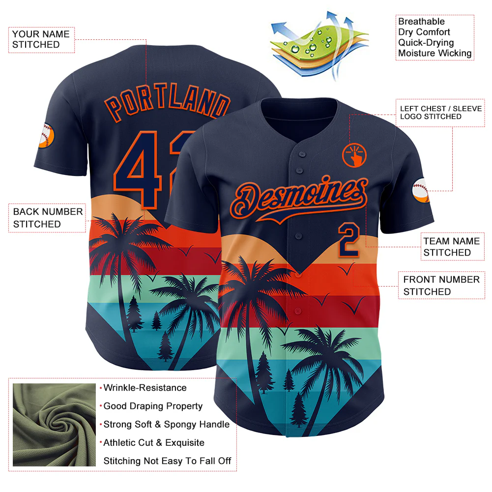 Custom Navy Orange Valentine's Day Coconut Trees Authentic Baseball Jersey - Image 3