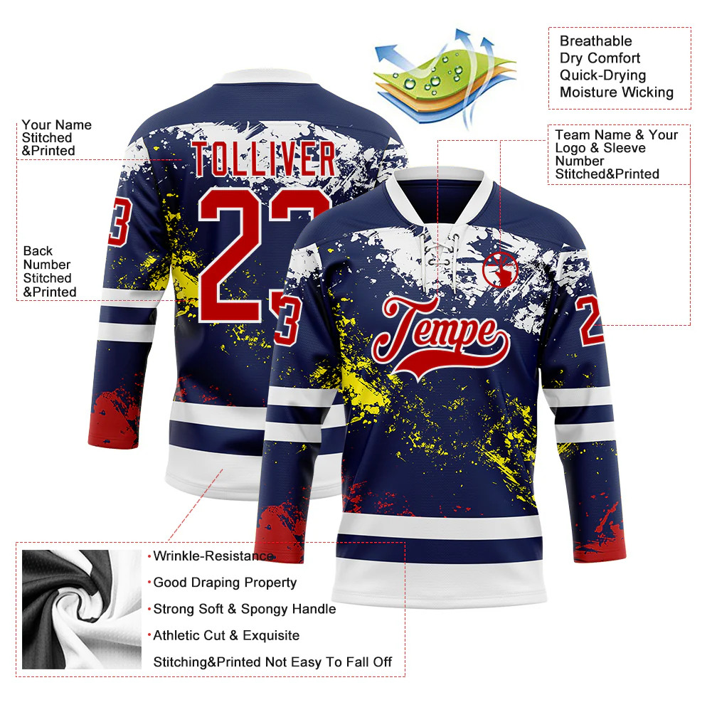 Custom Navy Red Yellow-White Abstract Splatter Paint Hockey Lace Neck Jersey - Image 5