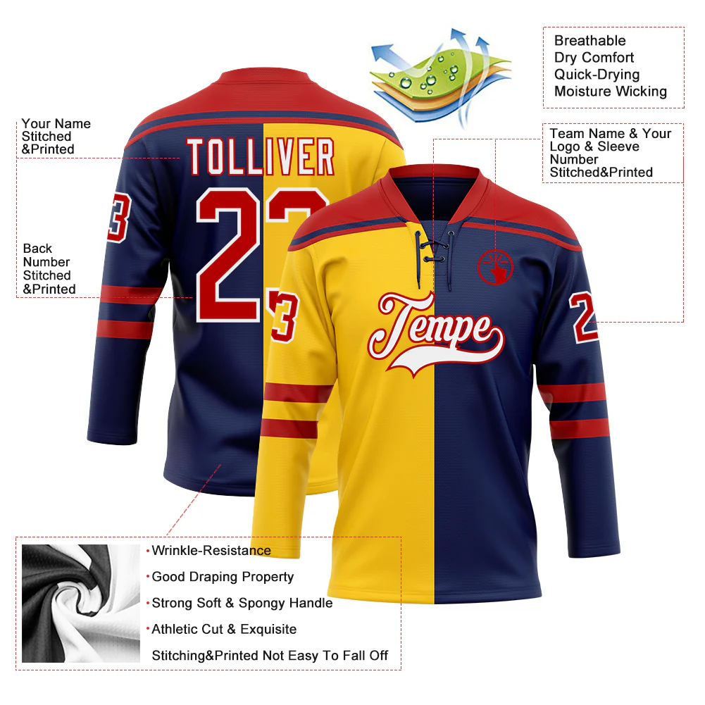 Custom Navy Red Yellow-White Split Fashion Hockey Lace Neck Jersey - Image 5