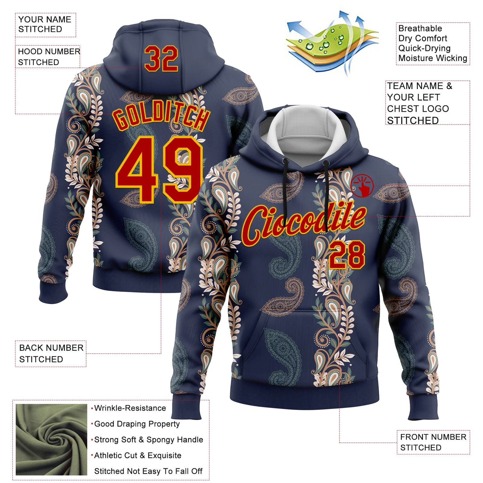 Custom Stitched Navy Red-Yellow 3D Pattern Design Ethnic Paisley Floral Bandana Sports Pullover Sweatshirt Hoodie - Image 2