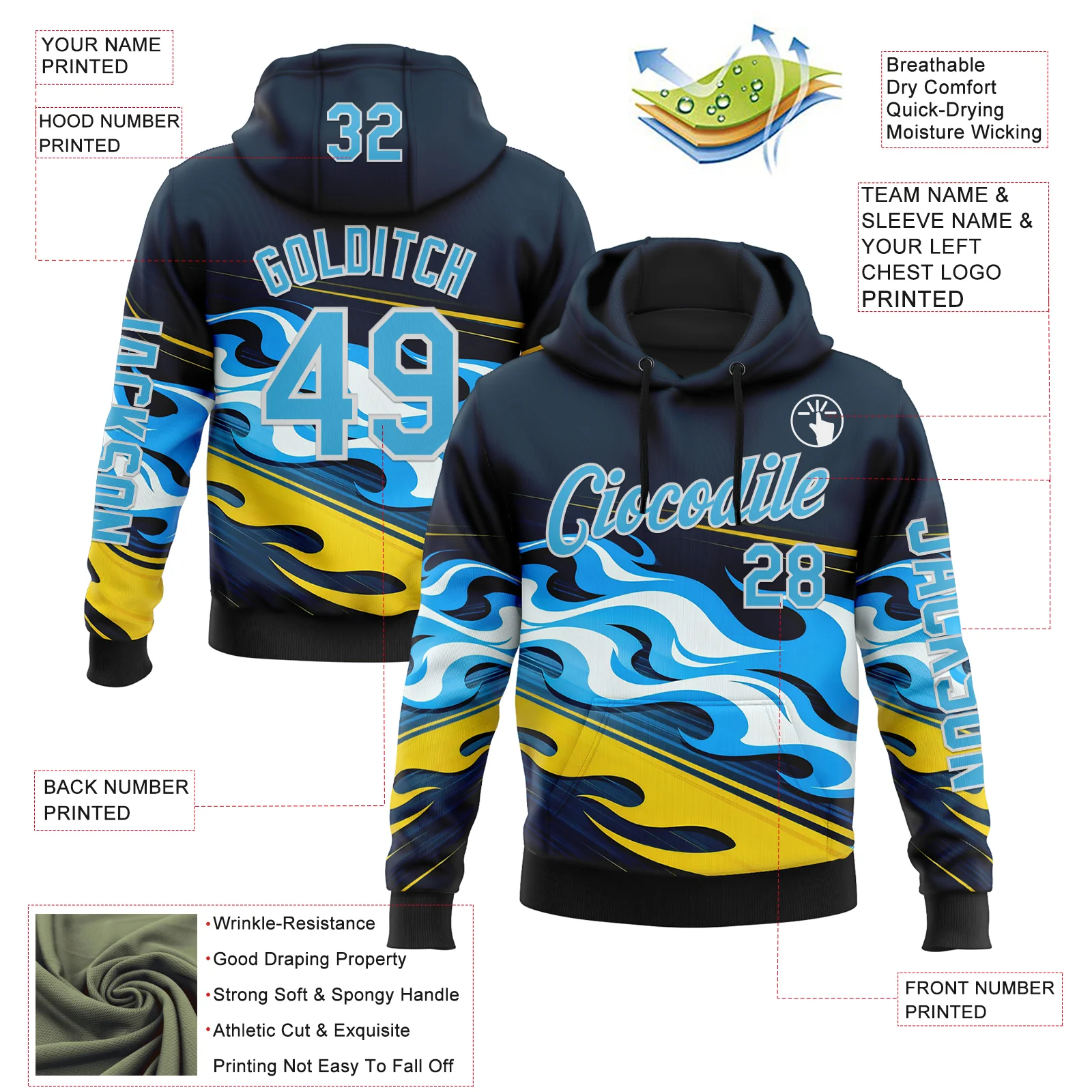 Custom Navy Sky Blue Yellow Black-White 3D Abstract Flame Sports Pullover Sweatshirt Hoodie - Image 2