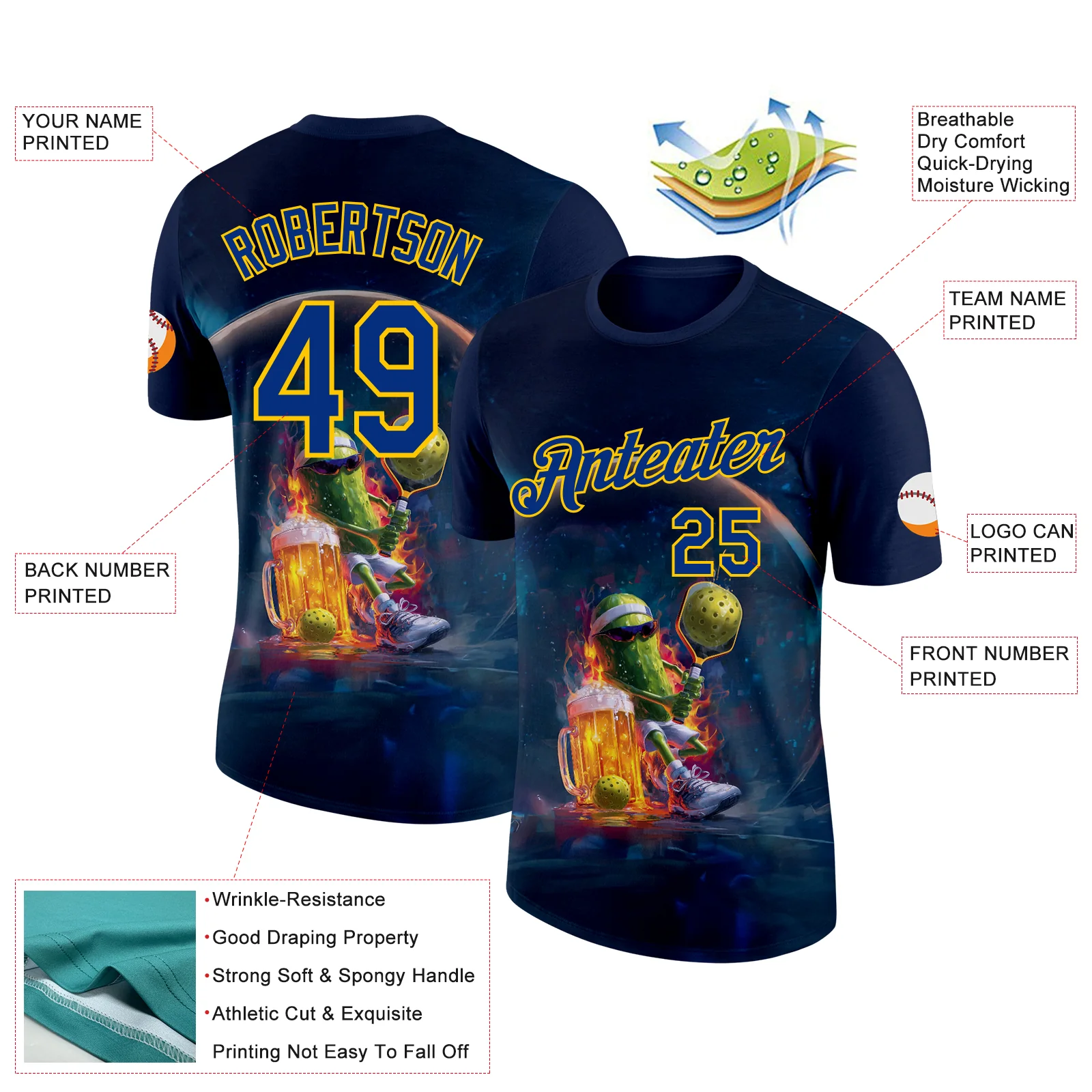 Custom Navy Royal-Yellow 3D Funny Pickleball Paddles Balls Beer Performance T-Shirt - Image 2