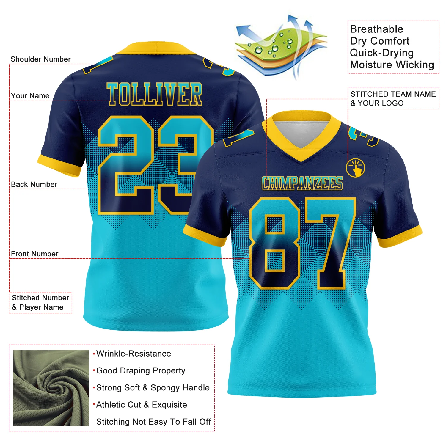 Custom Navy Lakes Blue-Yellow Authentic Gradient Square Shape Flag Football Jersey - Image 2