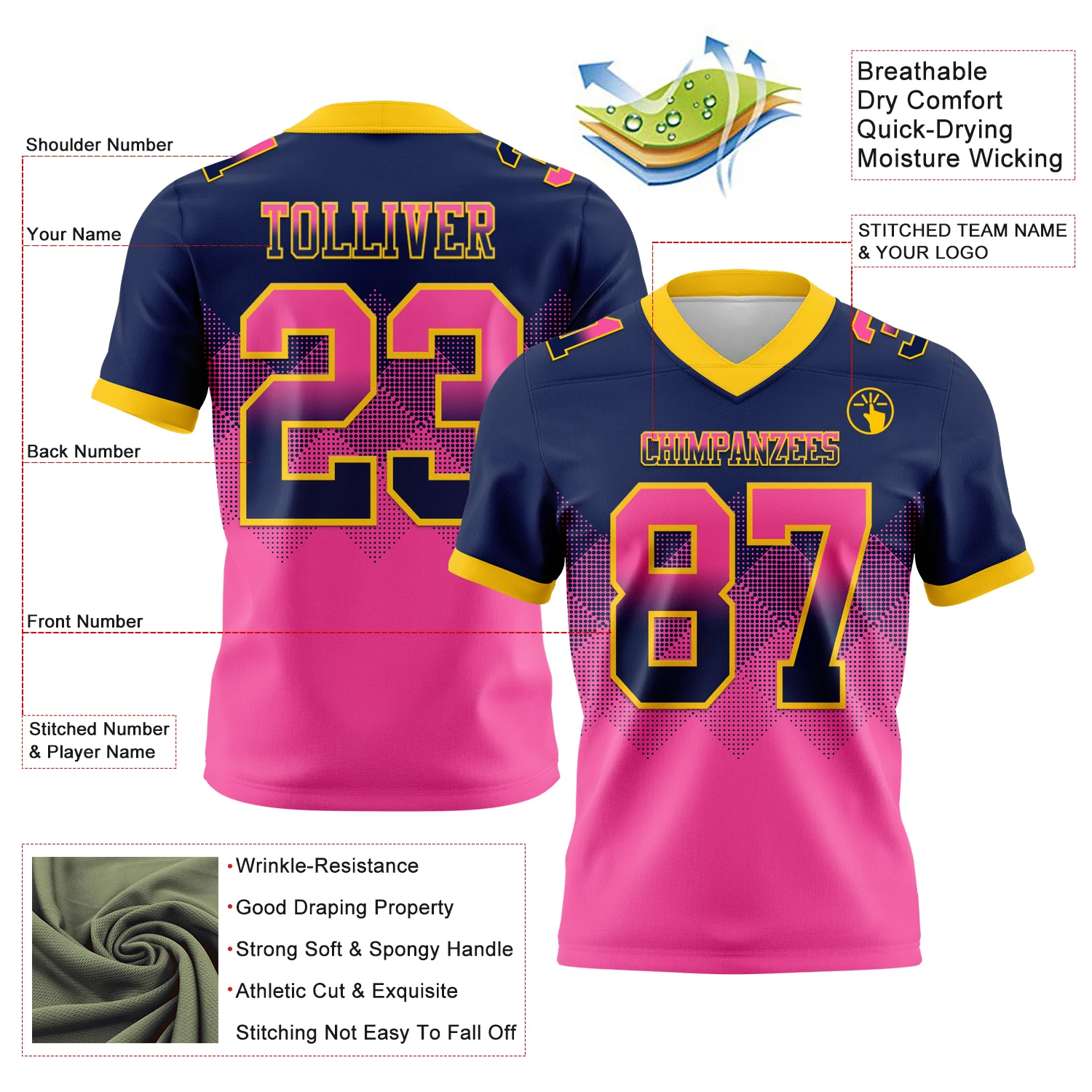 Custom Navy Pink-Yellow Authentic Gradient Square Shape Flag Football Jersey - Image 2
