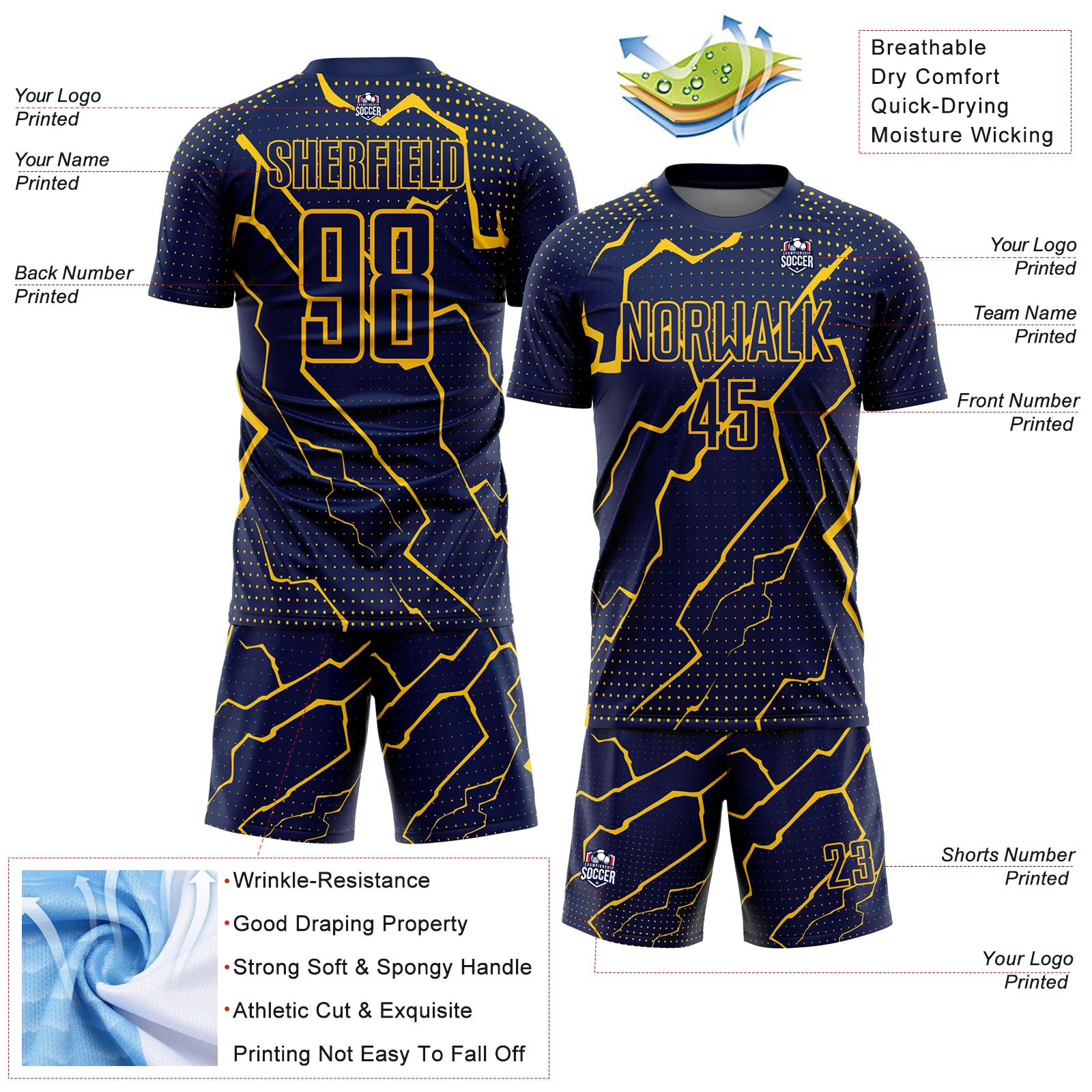 Custom Navy Yellow Lightning Sublimation Soccer Uniform Jersey - Image 4