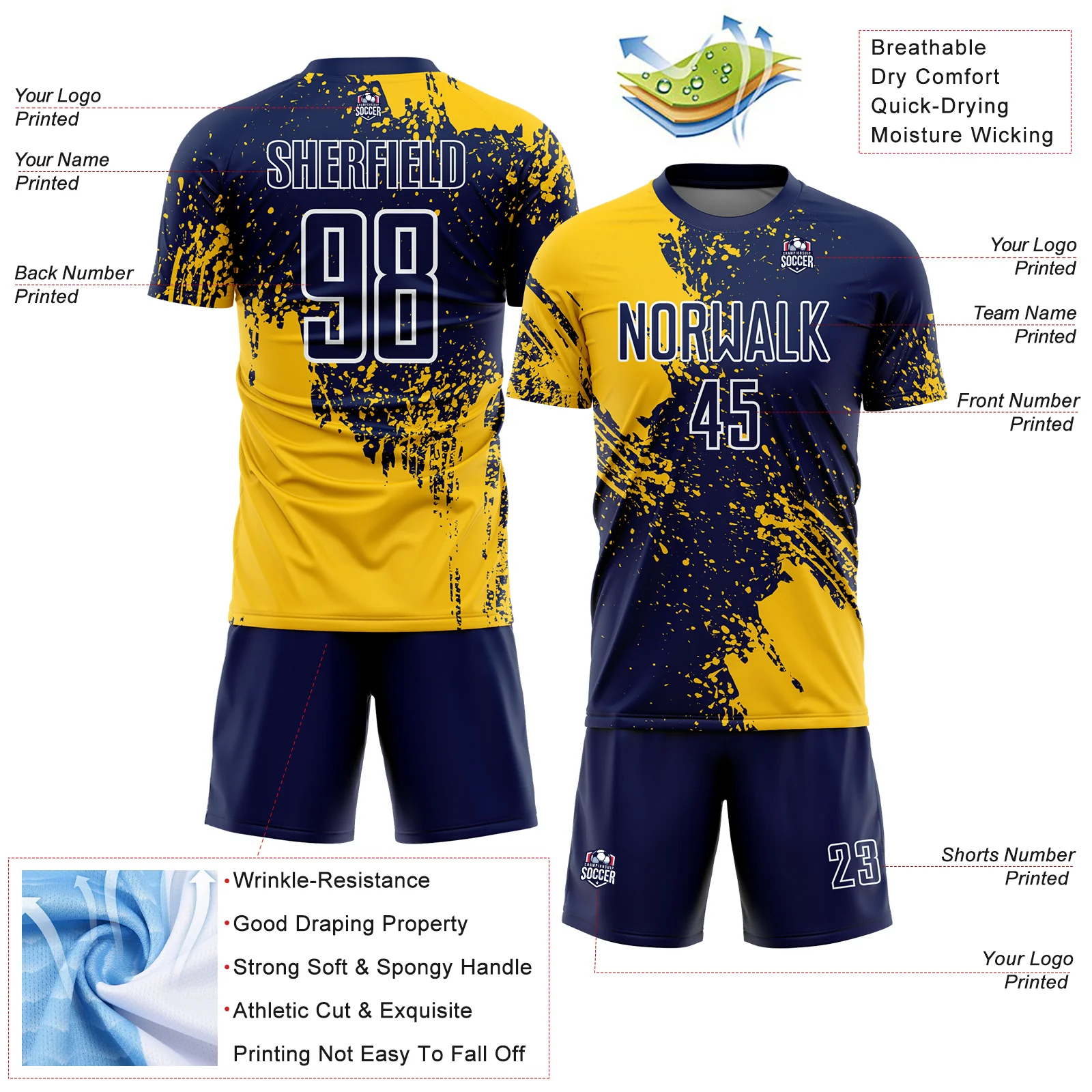 Custom Navy Yellow-White Abstract Brush Stroke Sports Sublimation Soccer Uniform Jersey - Image 4