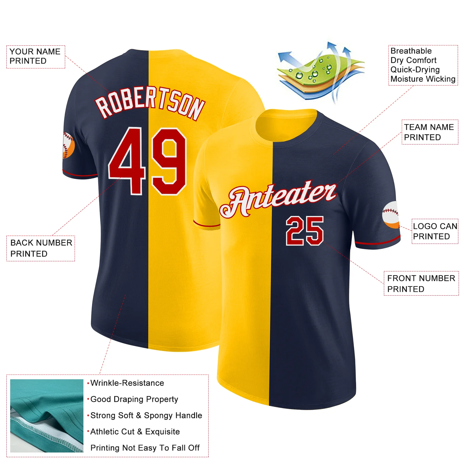 Custom Navy Red-Yellow Split Fashion Performance T-Shirt - Image 2