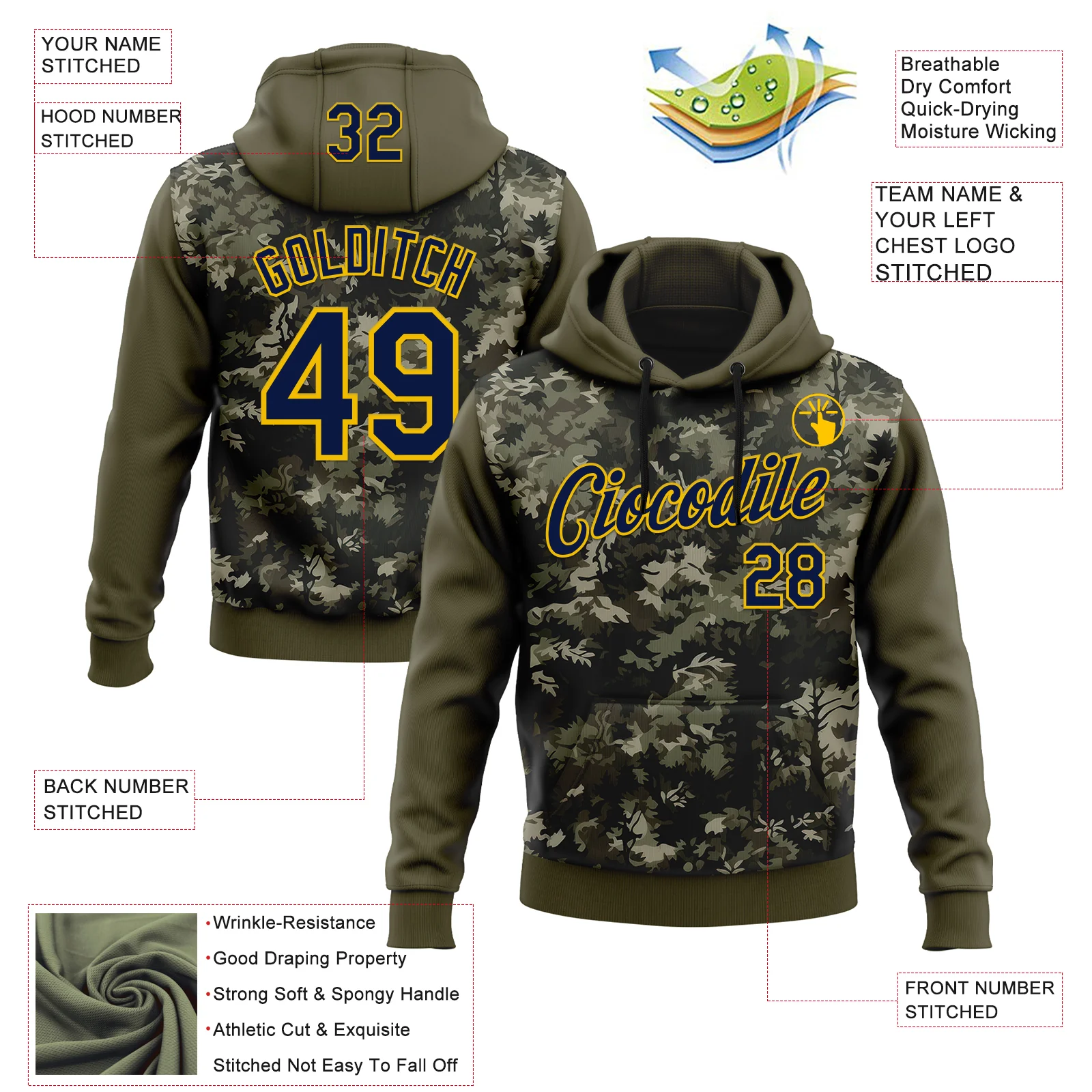 Custom Stitched Olive Navy-Yellow 3D Pattern Design Tree Camo Hunting Sports Pullover Sweatshirt Salute To Service Hoodie - Image 2