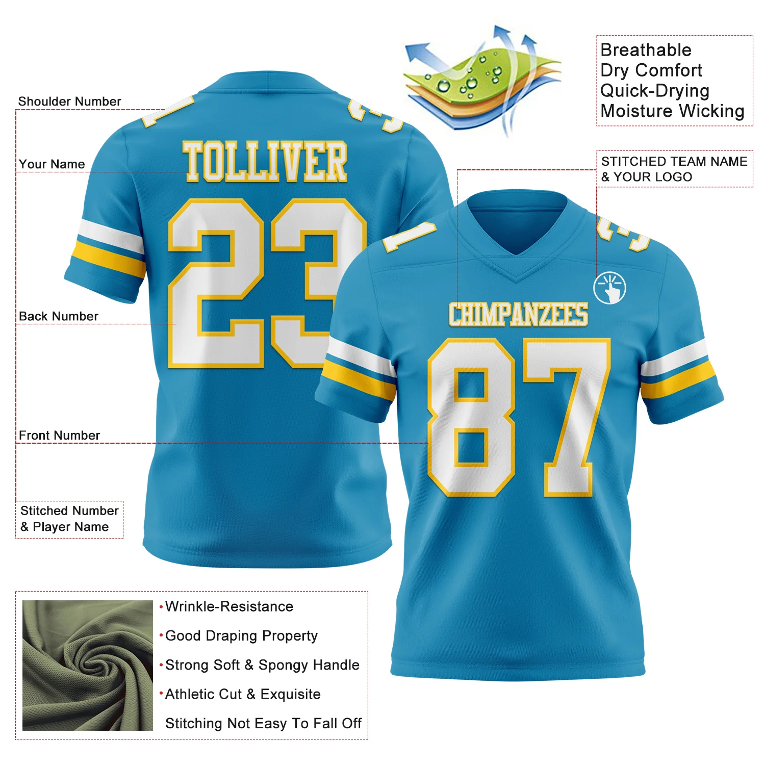 Custom Panther Blue White-Yellow Authentic Football Jersey - Image 3