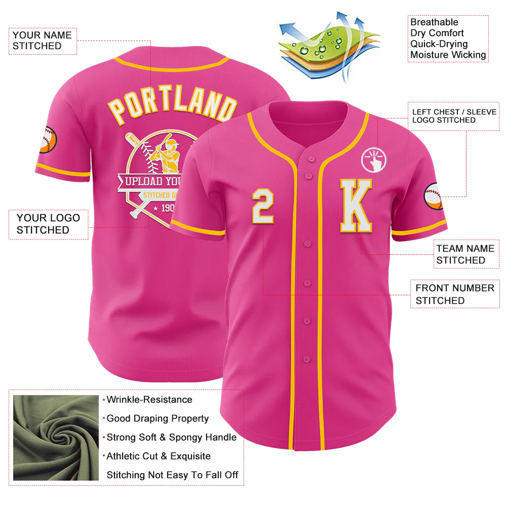 Custom Pink White-Yellow Authentic Baseball Jersey - Image 6