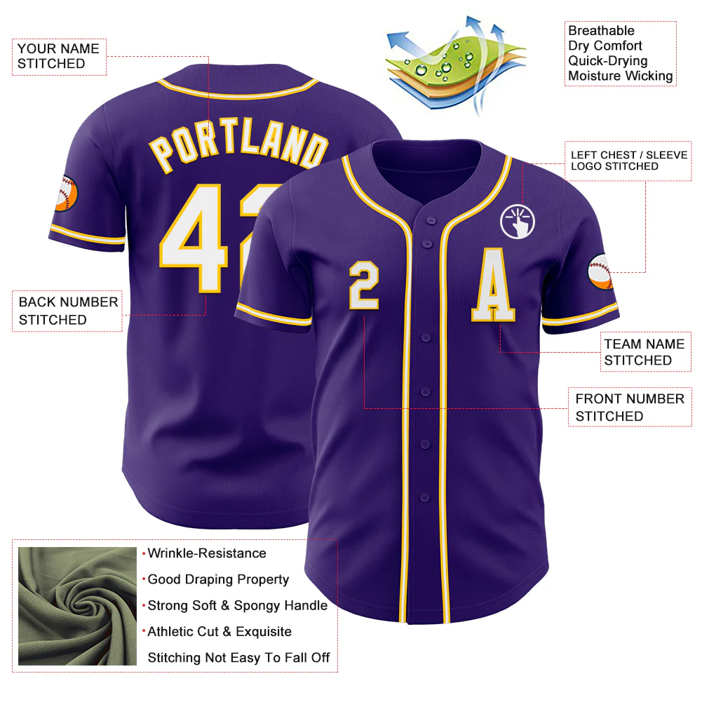 Custom Purple White-Yellow Authentic Baseball Jersey - Image 2