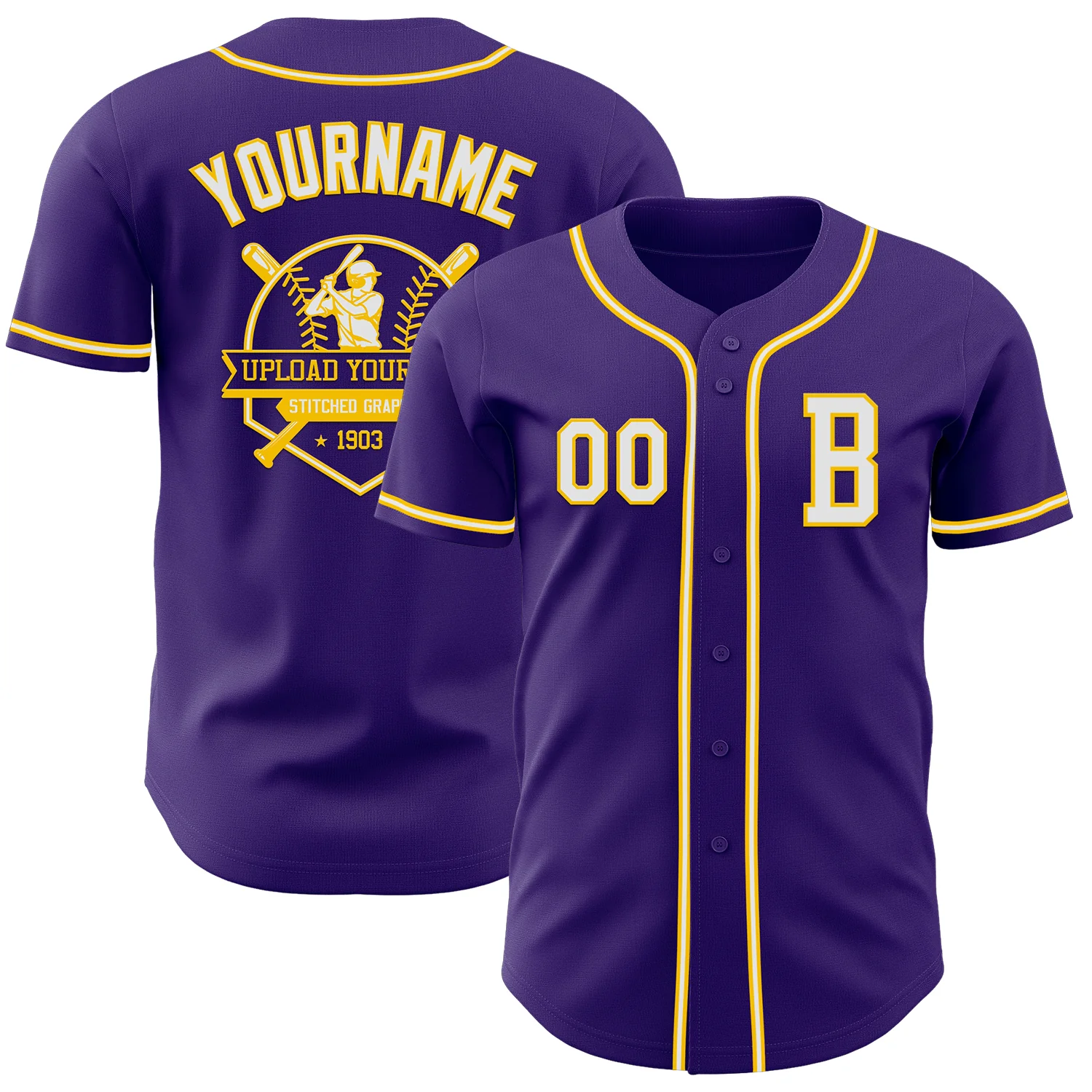 Custom Purple White-Yellow Authentic Baseball Jersey - Image 5