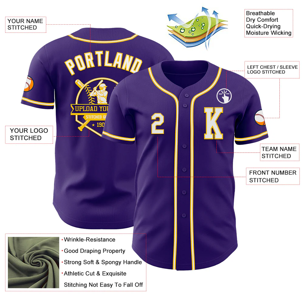 Custom Purple White-Yellow Authentic Baseball Jersey - Image 6