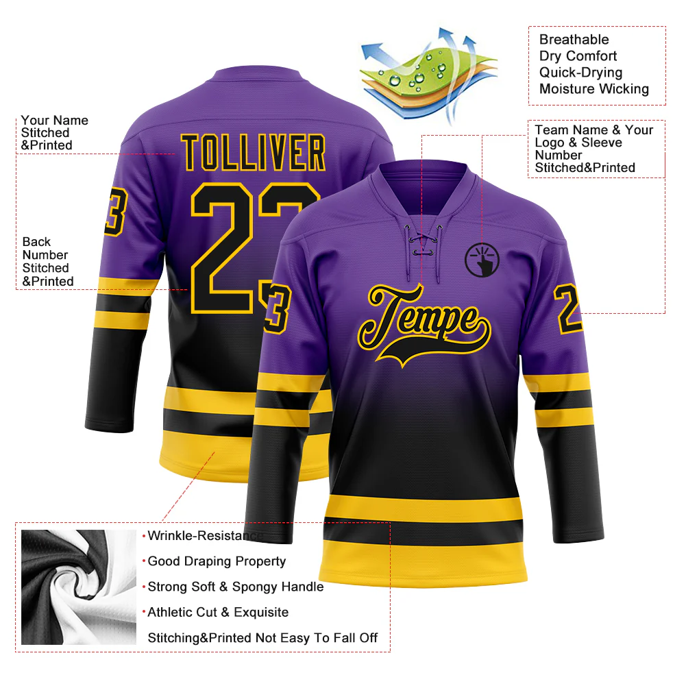 Custom Purple Black-Yellow Fade Fashion Hockey Lace Neck Jersey - Image 5