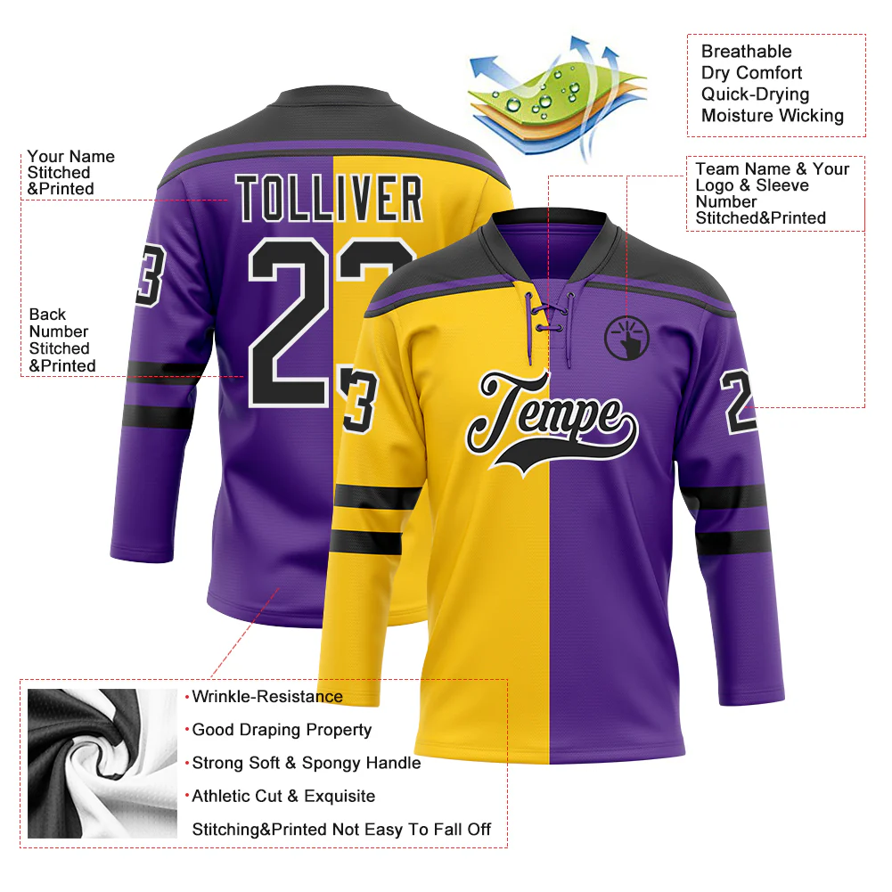 Custom Purple Black Yellow-White Split Fashion Hockey Lace Neck Jersey - Image 5