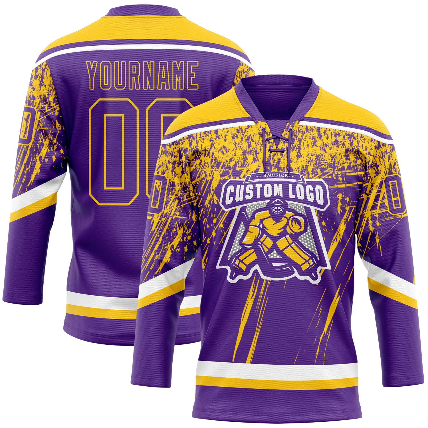 Custom Purple Yellow-White 3D Splash Hockey Lace Neck Jersey - Image 2