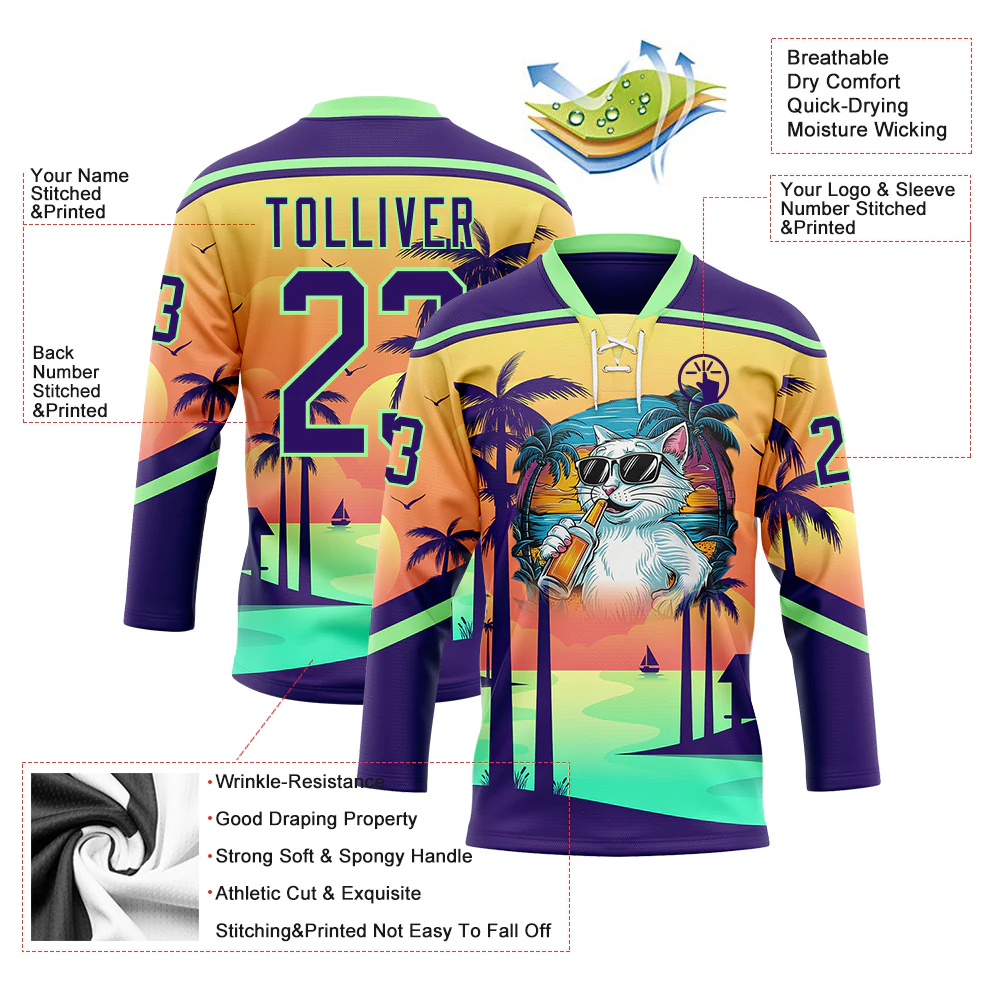 Custom Purple Yellow-Pea Green Gradient Hawaii Tropical Palm Trees Hockey Lace Neck Jersey - Image 4