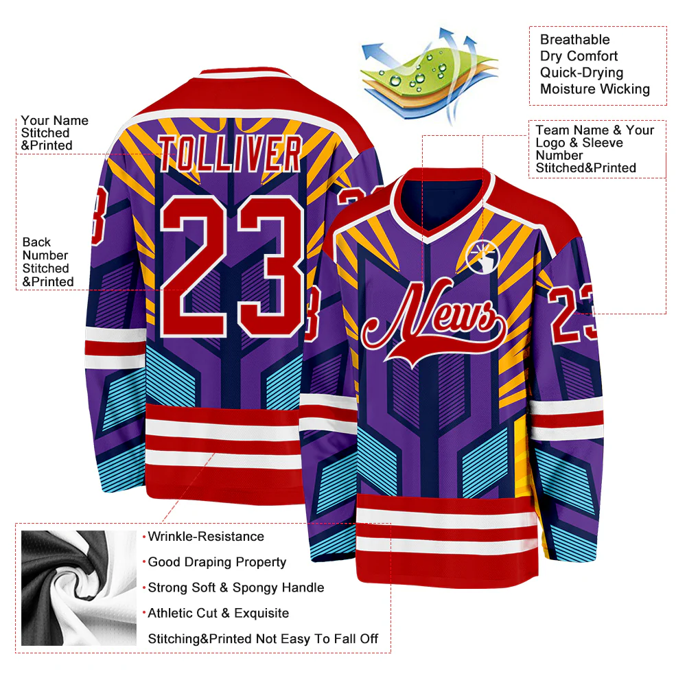 Custom Purple Red Yellow Blue-White Cyber Mecha E-sport Hockey Jersey - Image 5