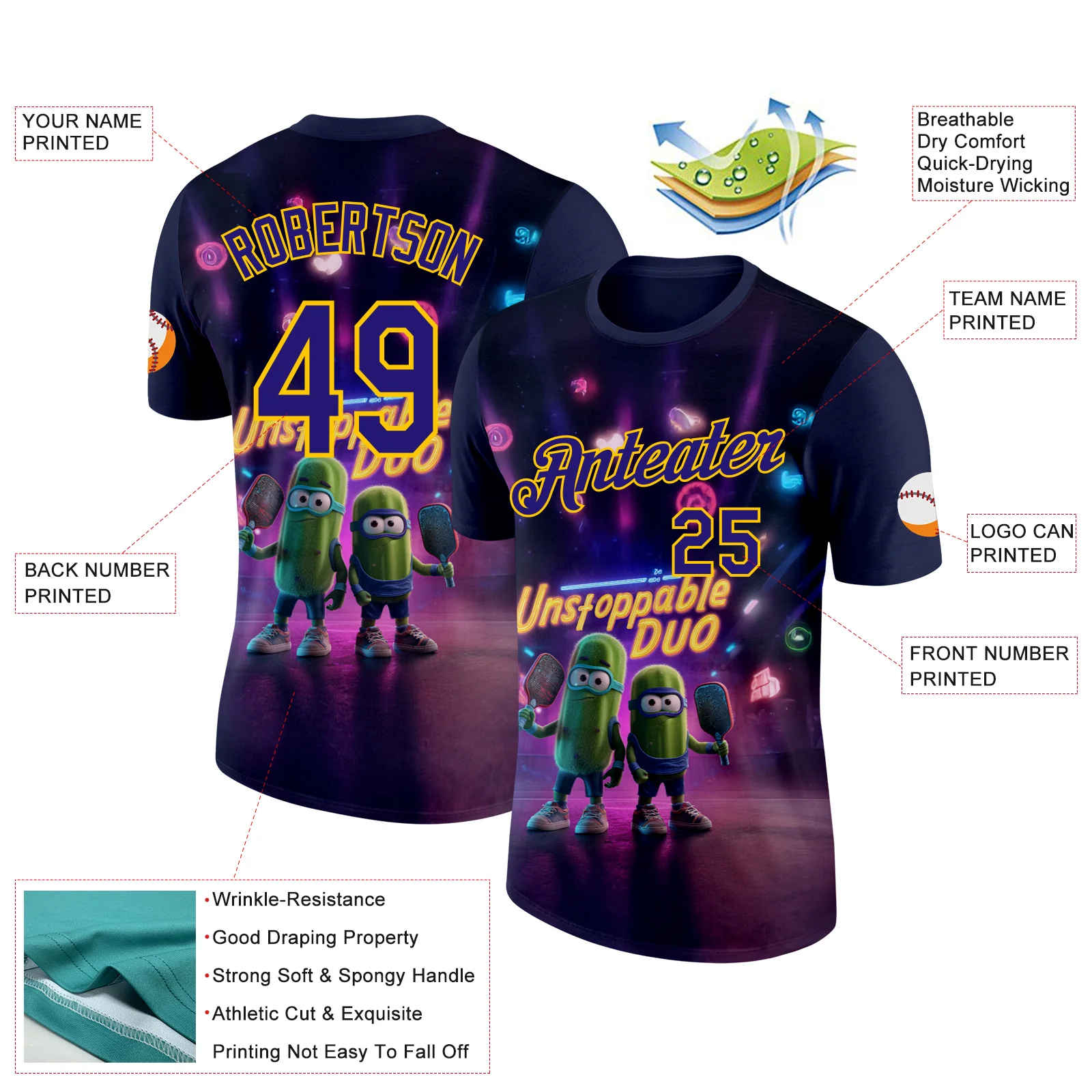 Custom Purple Dark Purple-Yellow 3D Funny Pickleball Paddles Balls Performance T-Shirt - Image 2
