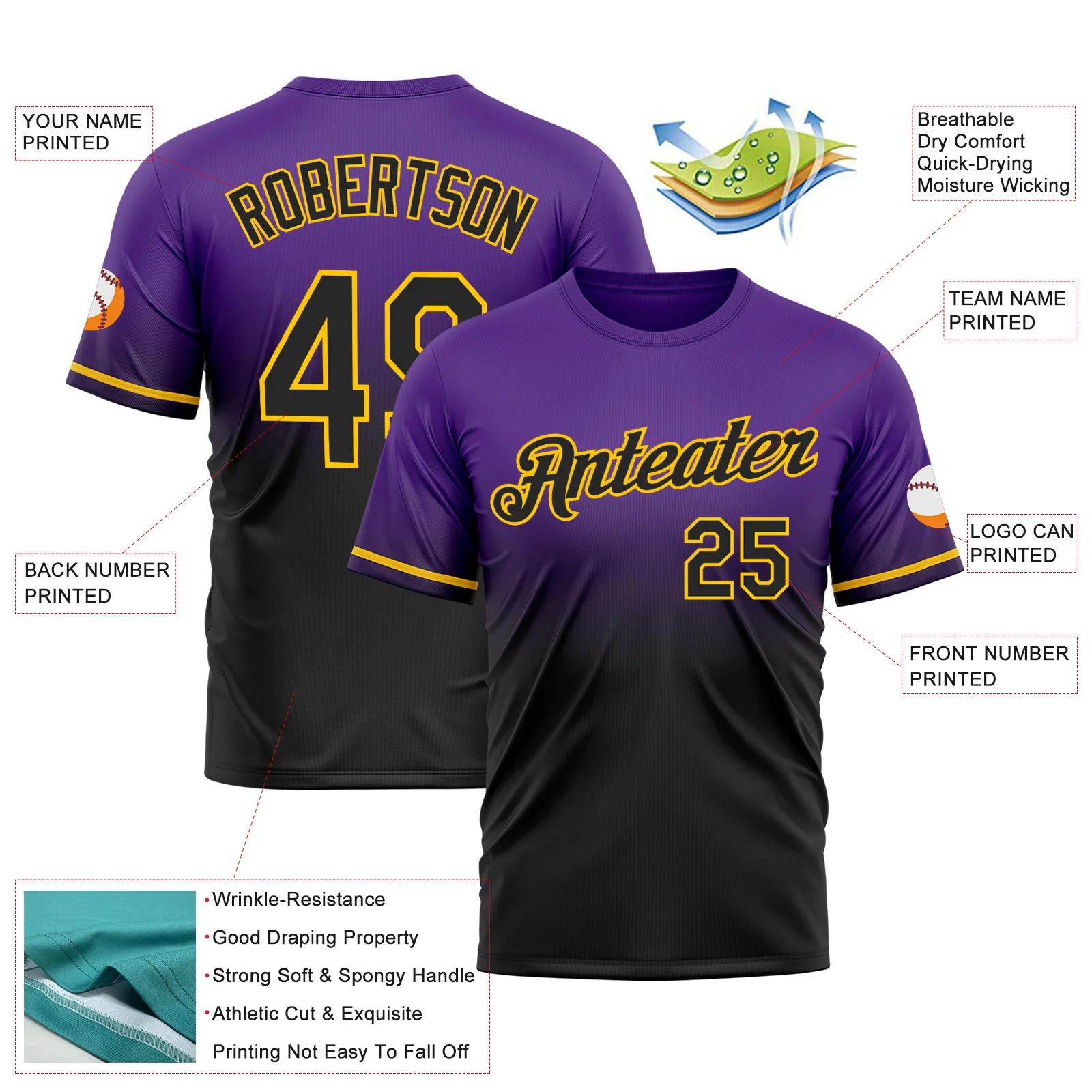 Custom Purple Black-Yellow Fade Fashion Performance T-Shirt - Image 3