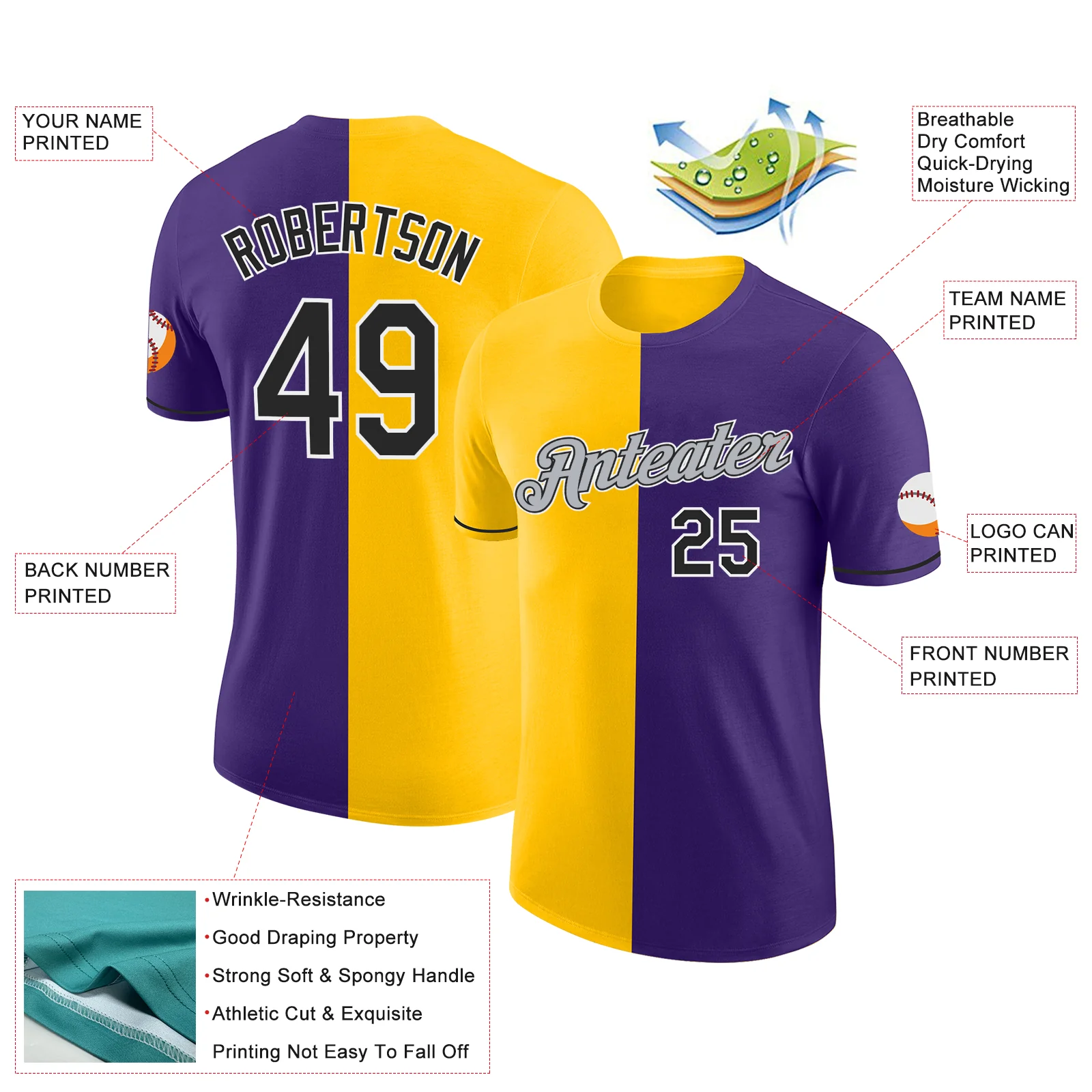 Custom Purple Black-Yellow Split Fashion Performance T-Shirt - Image 2