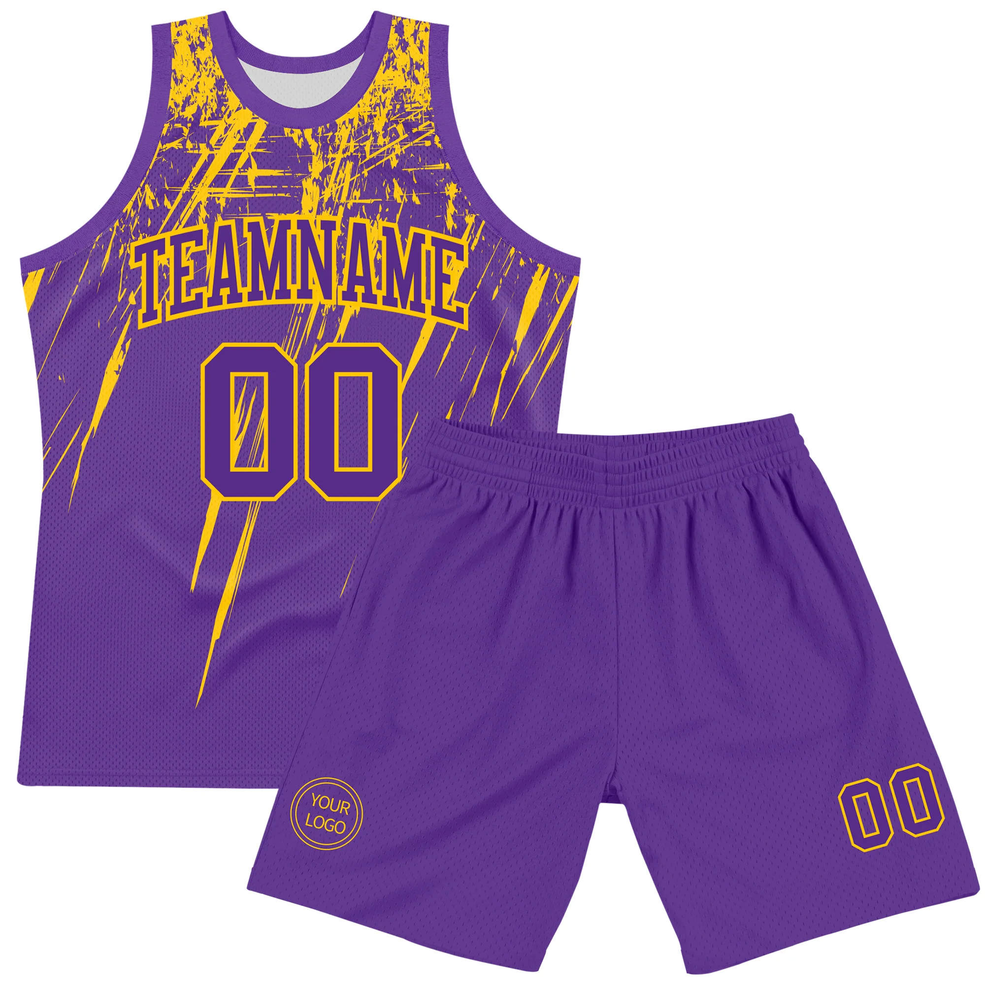 Custom Purple Yellow Splash Round Neck Sublimation Basketball Suit Jersey - Image 2