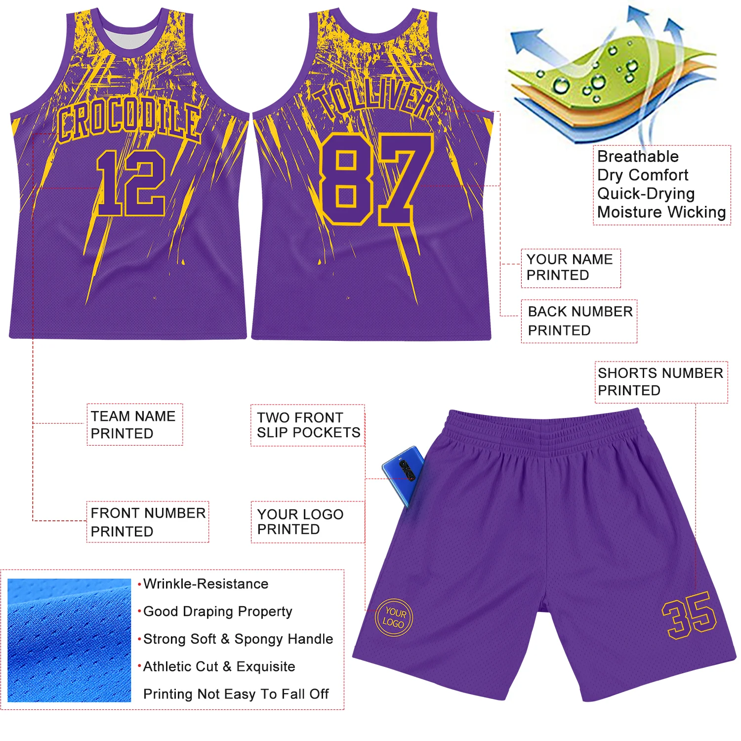 Custom Purple Yellow Splash Round Neck Sublimation Basketball Suit Jersey - Image 3