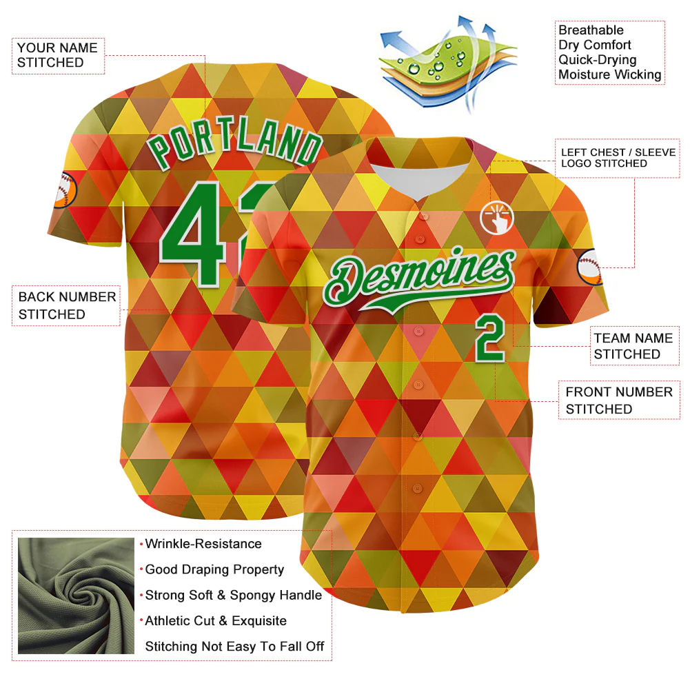 Custom Red Grass Green Yellow-White 3D Pattern Design Black History Month Abstract Geometric Authentic Baseball Jersey - Image 3
