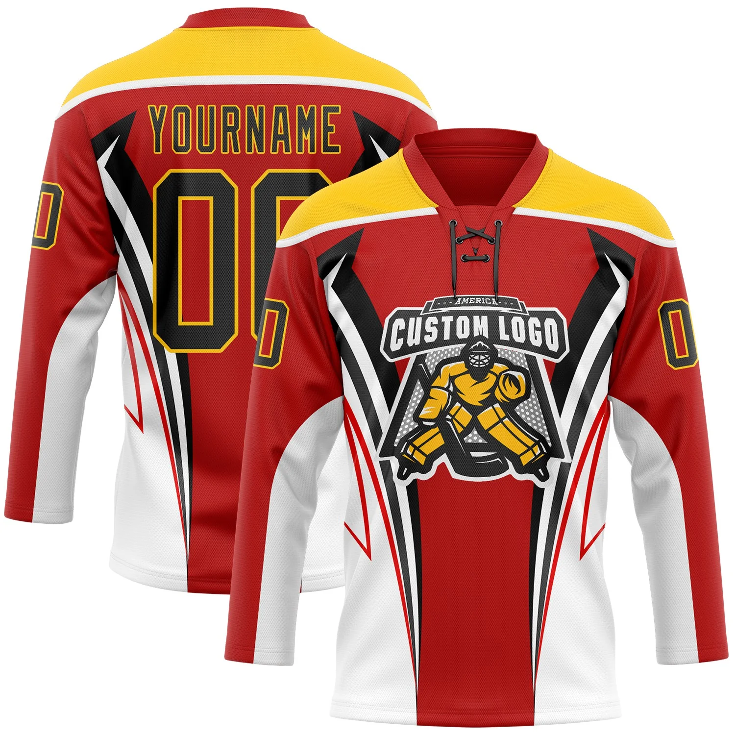 Custom Red Black Yellow-White Abstract Pattern Graphic Cyber Mecha E-sport Hockey Lace Neck Jersey - Image 2