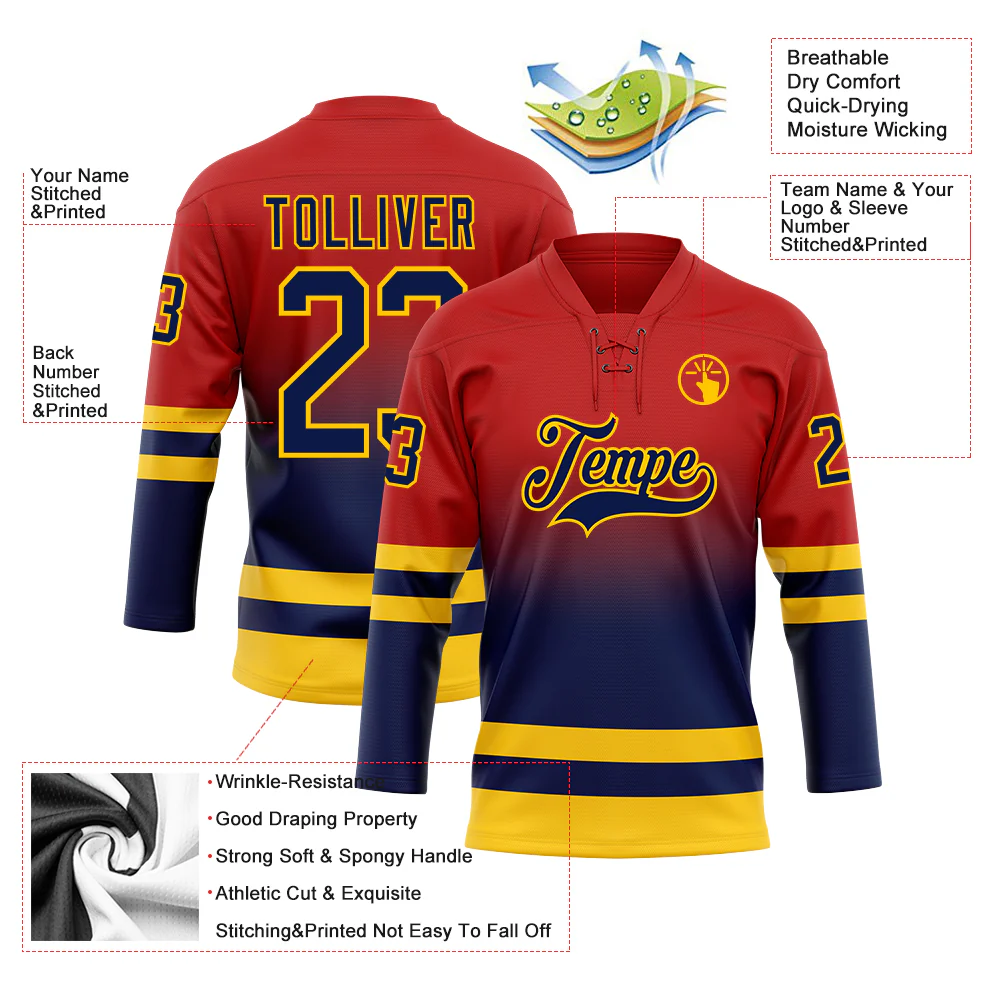 Custom Red Navy-Yellow Fade Fashion Hockey Lace Neck Jersey - Image 5
