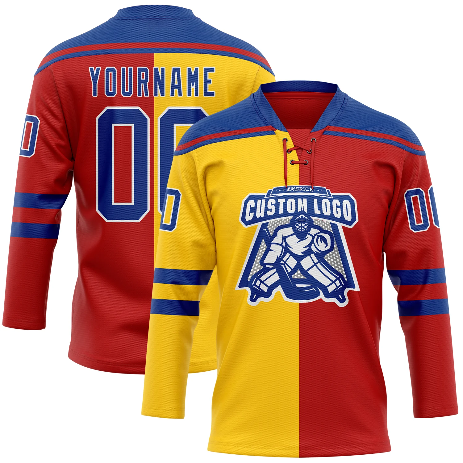 Custom Red Royal Yellow-White Split Fashion Hockey Lace Neck Jersey - Image 2