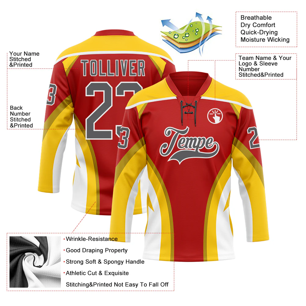 Custom Red Steel Gray Yellow-White Abstract Pattern Graphic Cyber Mecha E-sport Hockey Lace Neck Jersey - Image 5