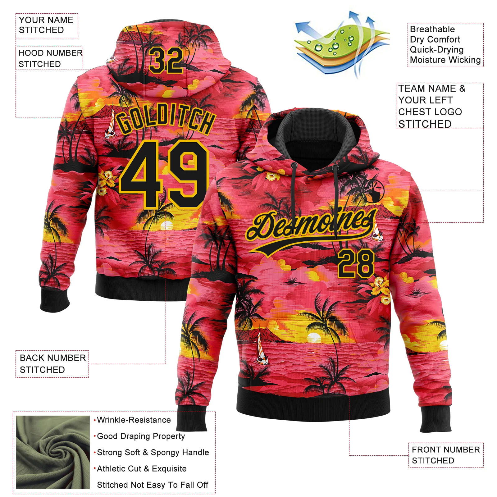 Custom Stitched Red Black-Yellow Sun Beach Hawaii Palm Trees Sports Pullover Sweatshirt Hoodie - Image 4