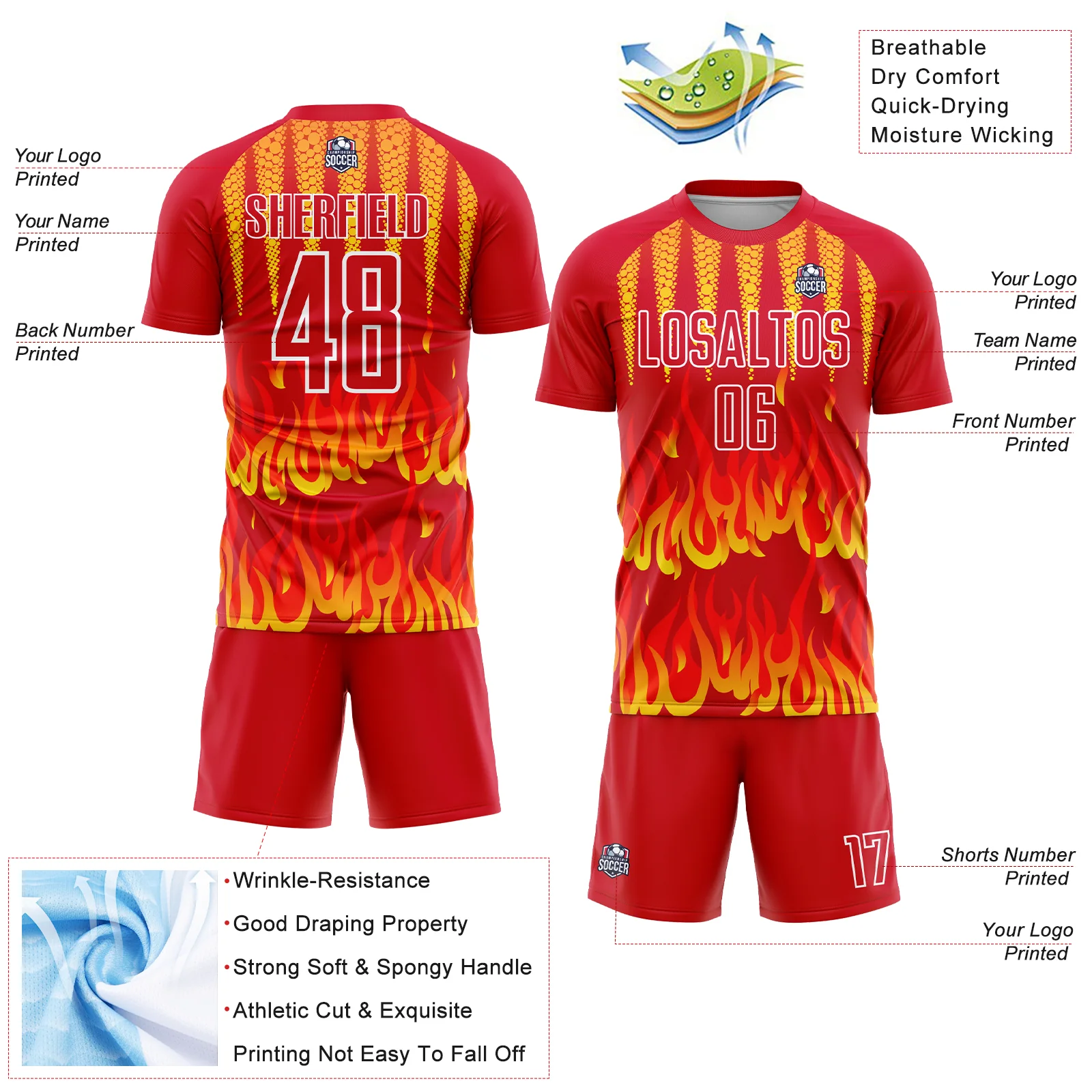 Custom Red Yellow-White Flame Sublimation Soccer Uniform Jersey - Image 4