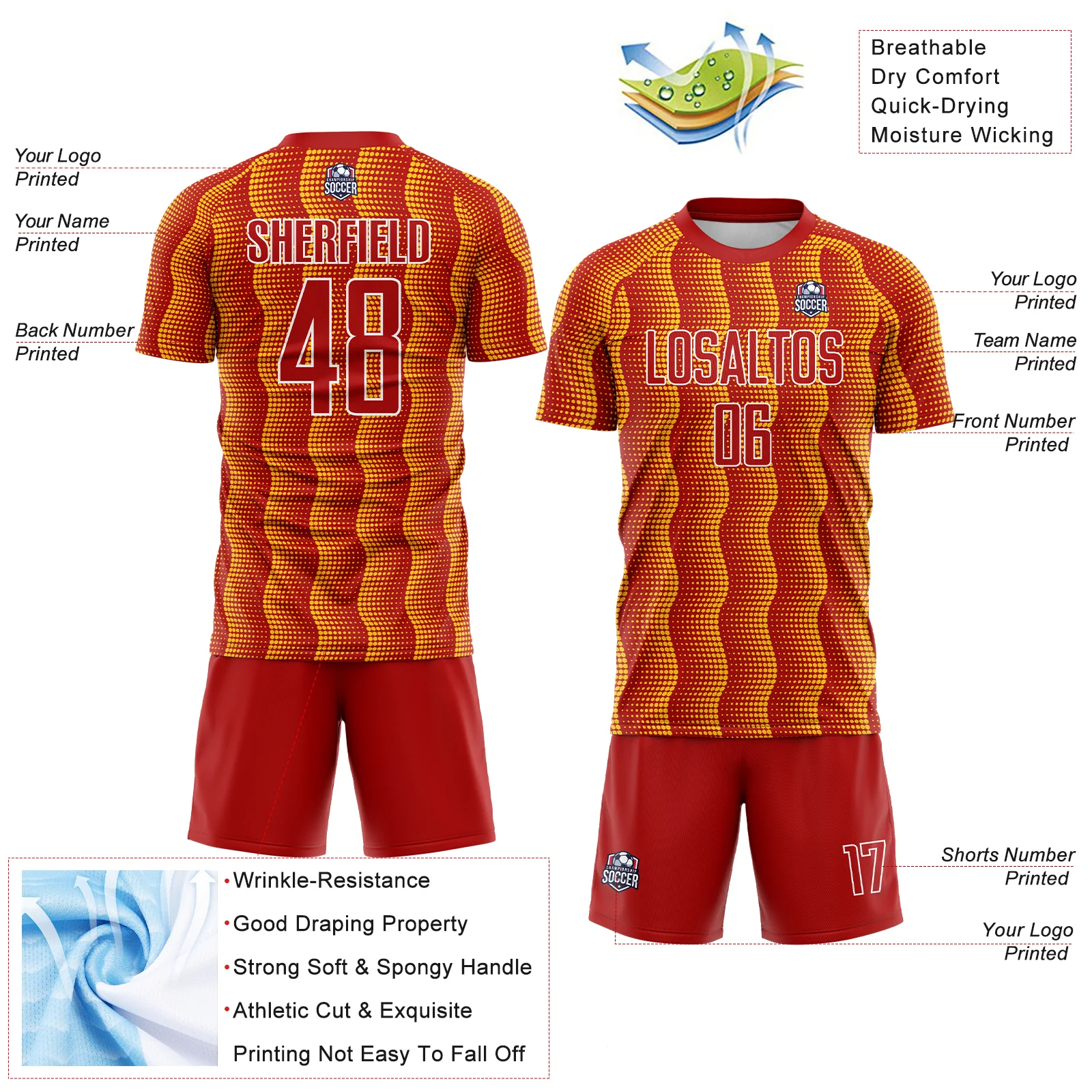 Custom Red Yellow-White Geometric Shape Sublimation Soccer Uniform Jersey - Image 4