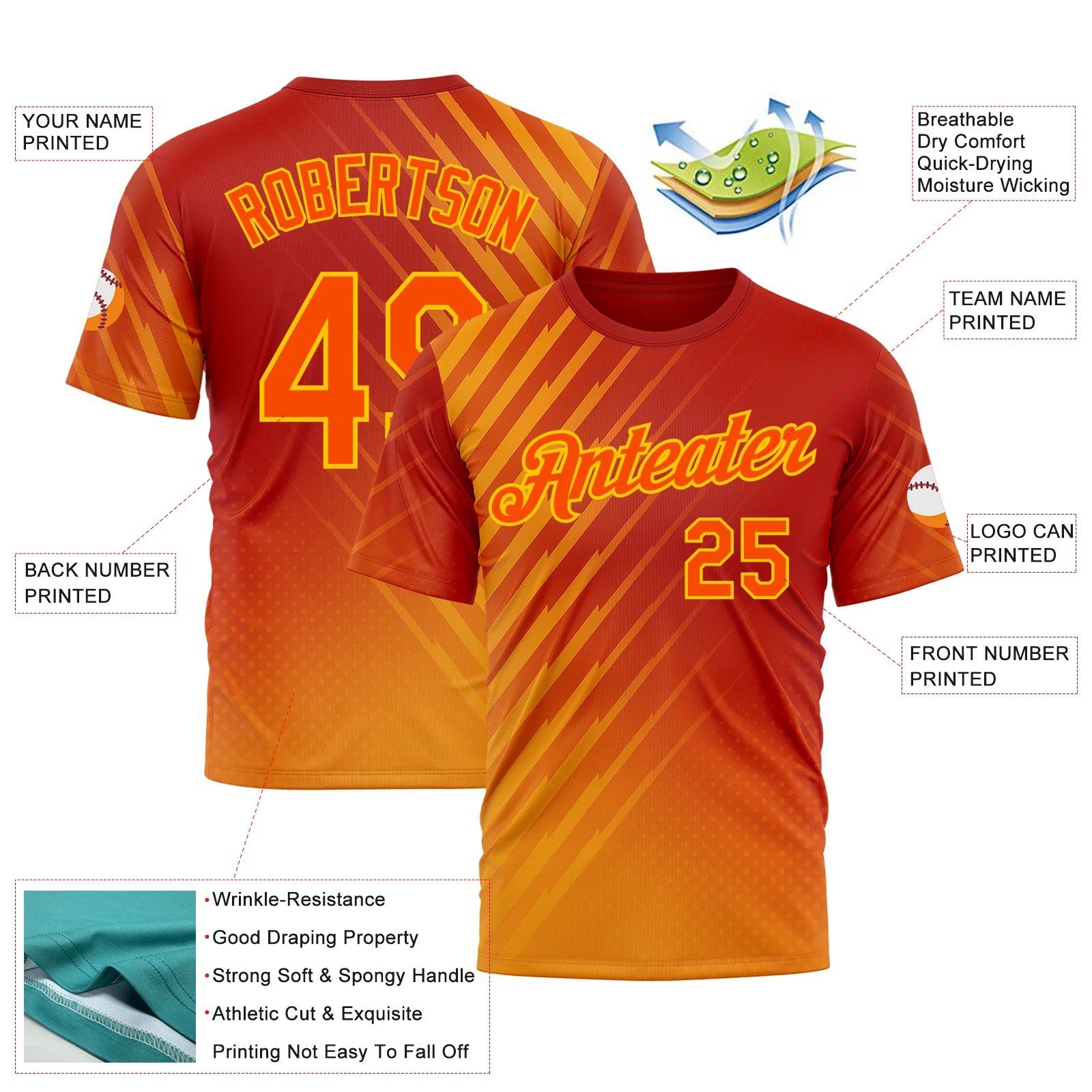 Custom Red Orange-Yellow 3D Pattern Design Spain Sportswear Performance T-Shirt - Image 2