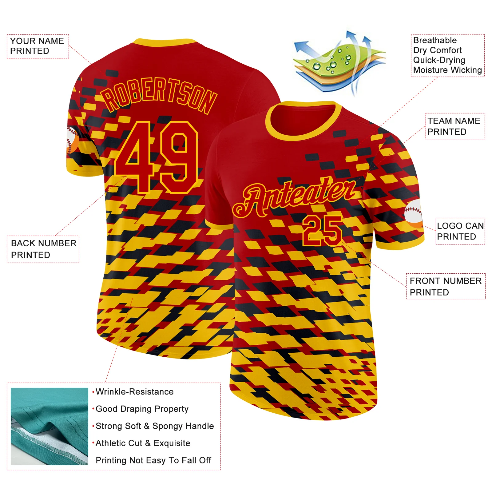 Custom Red Yellow-Black Belgium Geometric Soccer Jersey Performance T-Shirt - Image 2