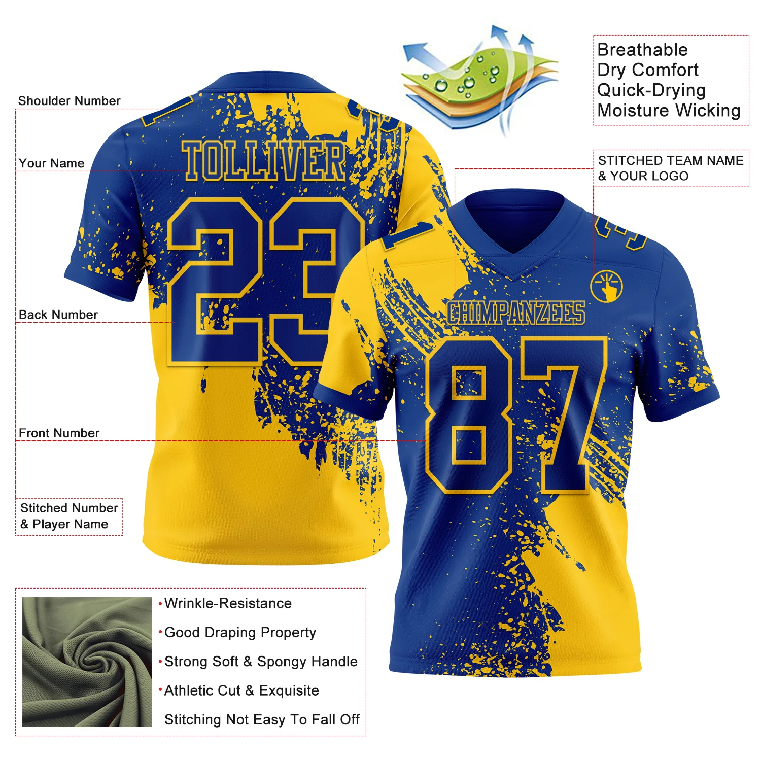 Custom Royal Yellow 3D Pattern Abstract Brush Stroke Authentic Football Jersey - Image 2