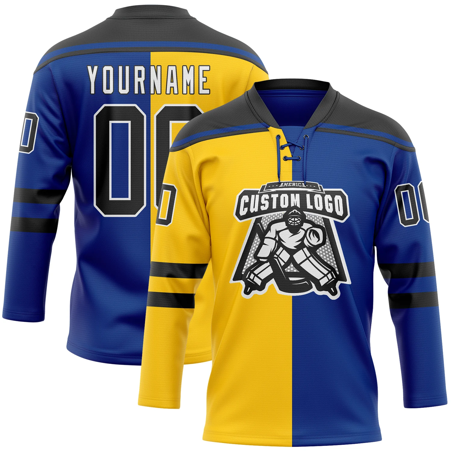 Custom Royal Black Yellow-White Split Fashion Hockey Lace Neck Jersey - Image 2