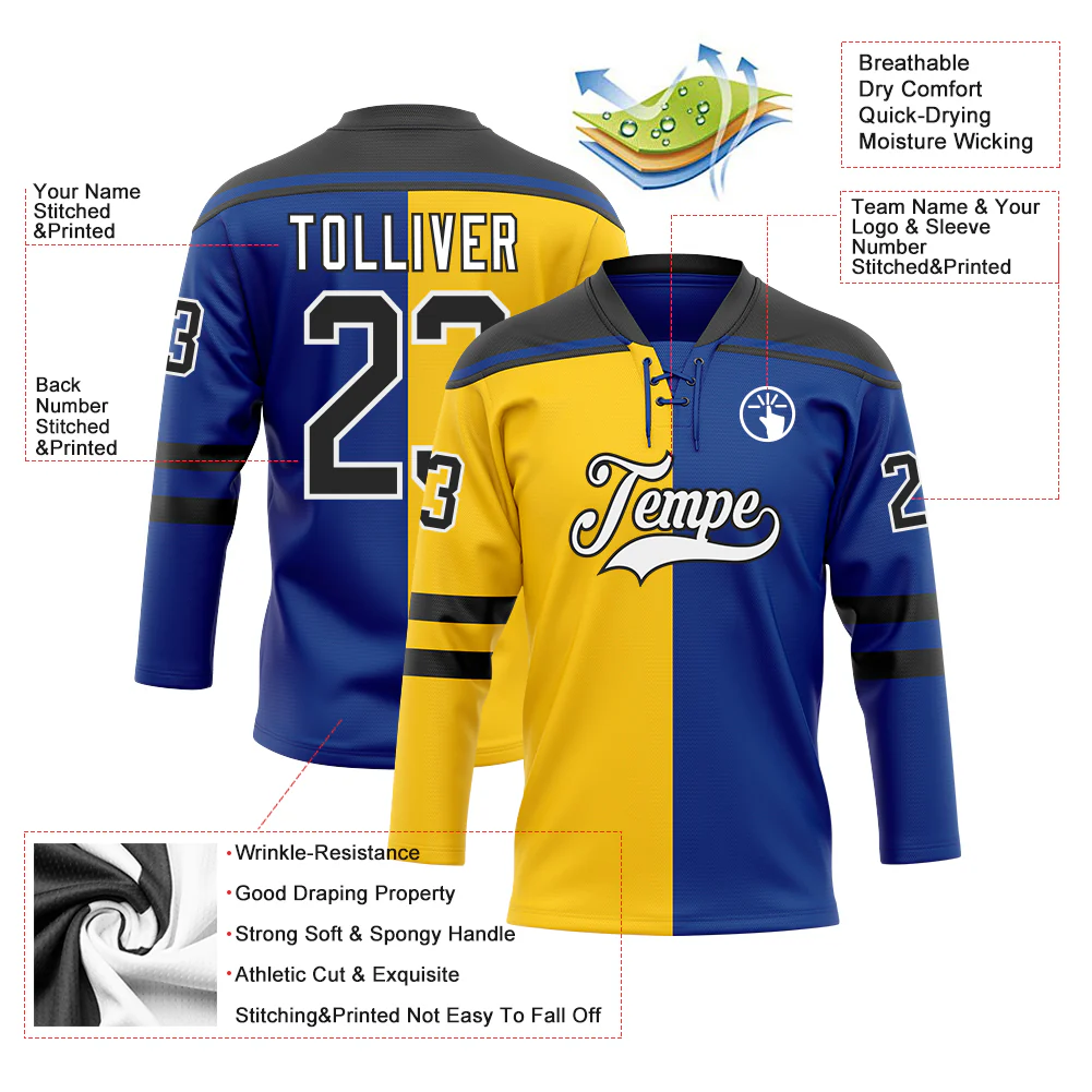 Custom Royal Black Yellow-White Split Fashion Hockey Lace Neck Jersey - Image 5