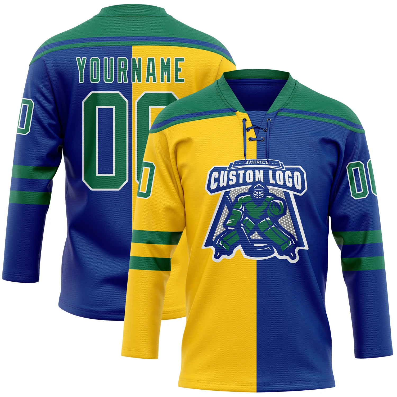 Custom Royal Kelly Green Yellow-White Split Fashion Hockey Lace Neck Jersey - Image 2