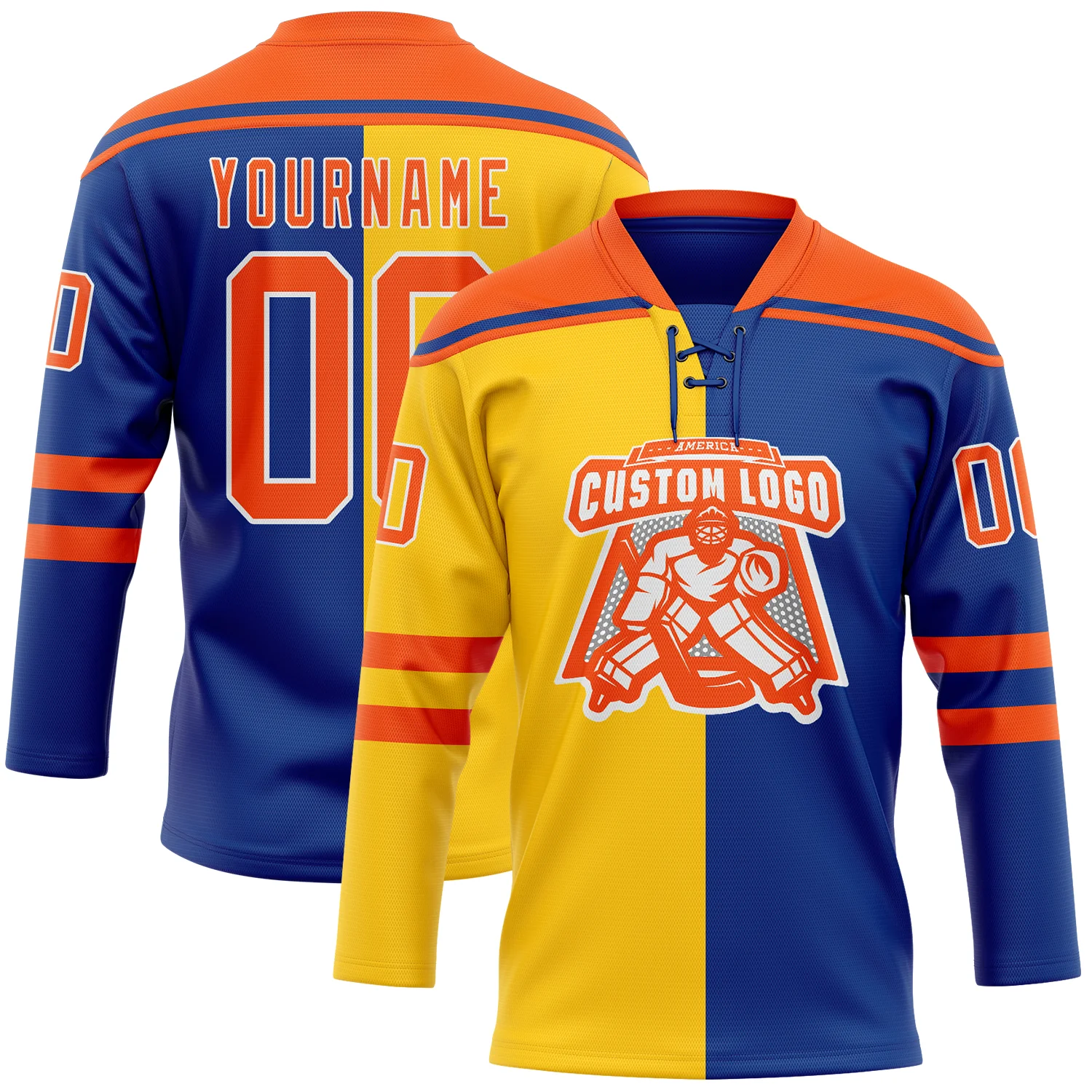 Custom Royal Orange Yellow-White Split Fashion Hockey Lace Neck Jersey - Image 2
