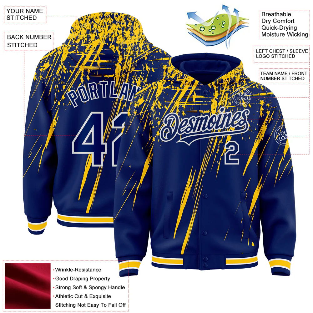 Custom Royal Yellow-White Splash Bomber Full-Snap Varsity Letterman Hoodie Jacket - Image 4