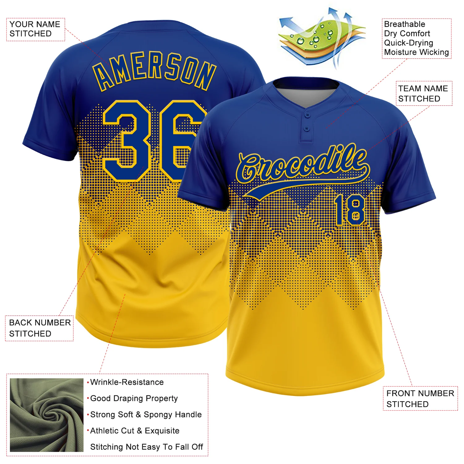 Custom Royal Yellow 3D Gradient Square Shape Two-Button Unisex Softball Jersey - Image 3