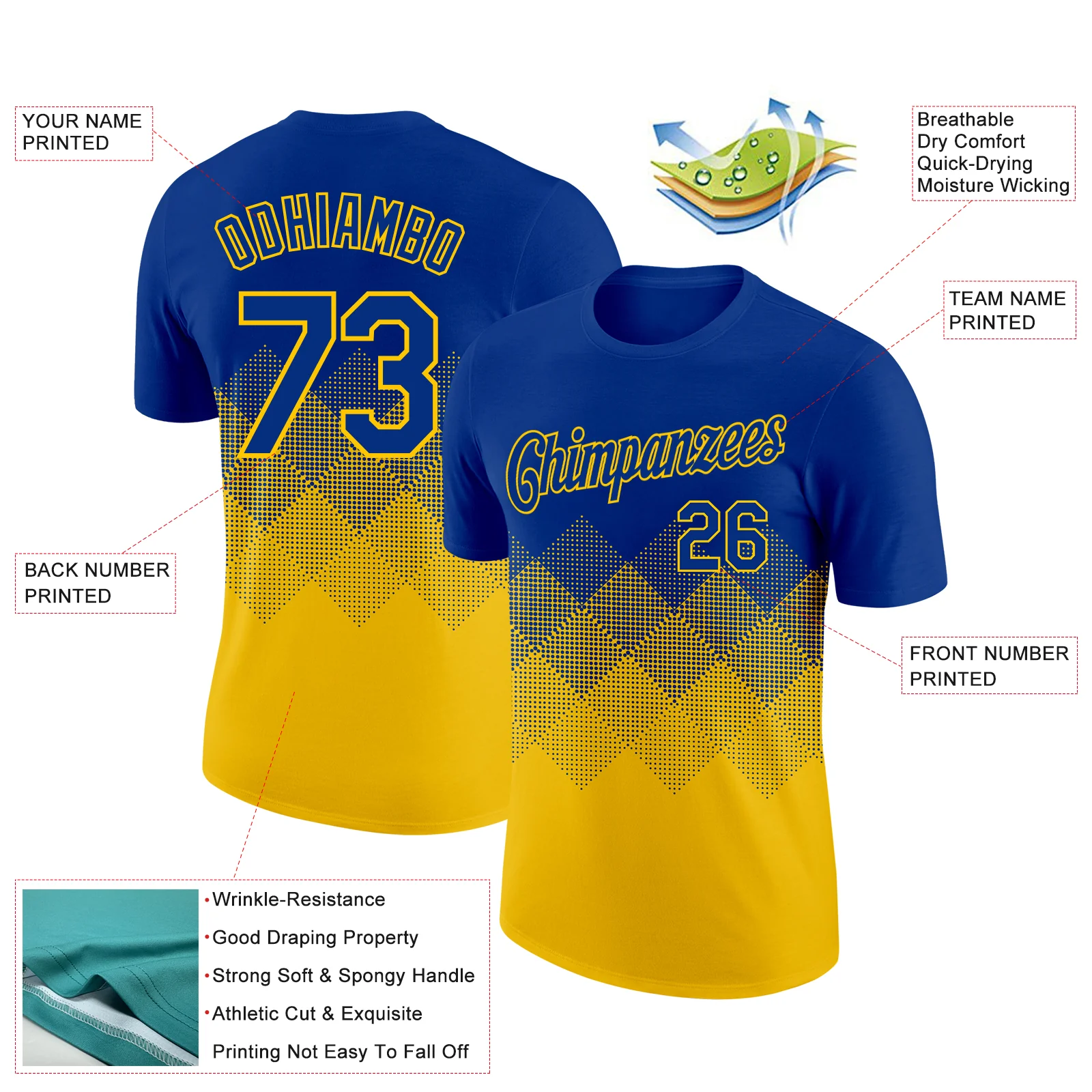 Custom Royal Yellow 3D Pattern Design Gradient Square Shapes Performance T-Shirt - Image 2