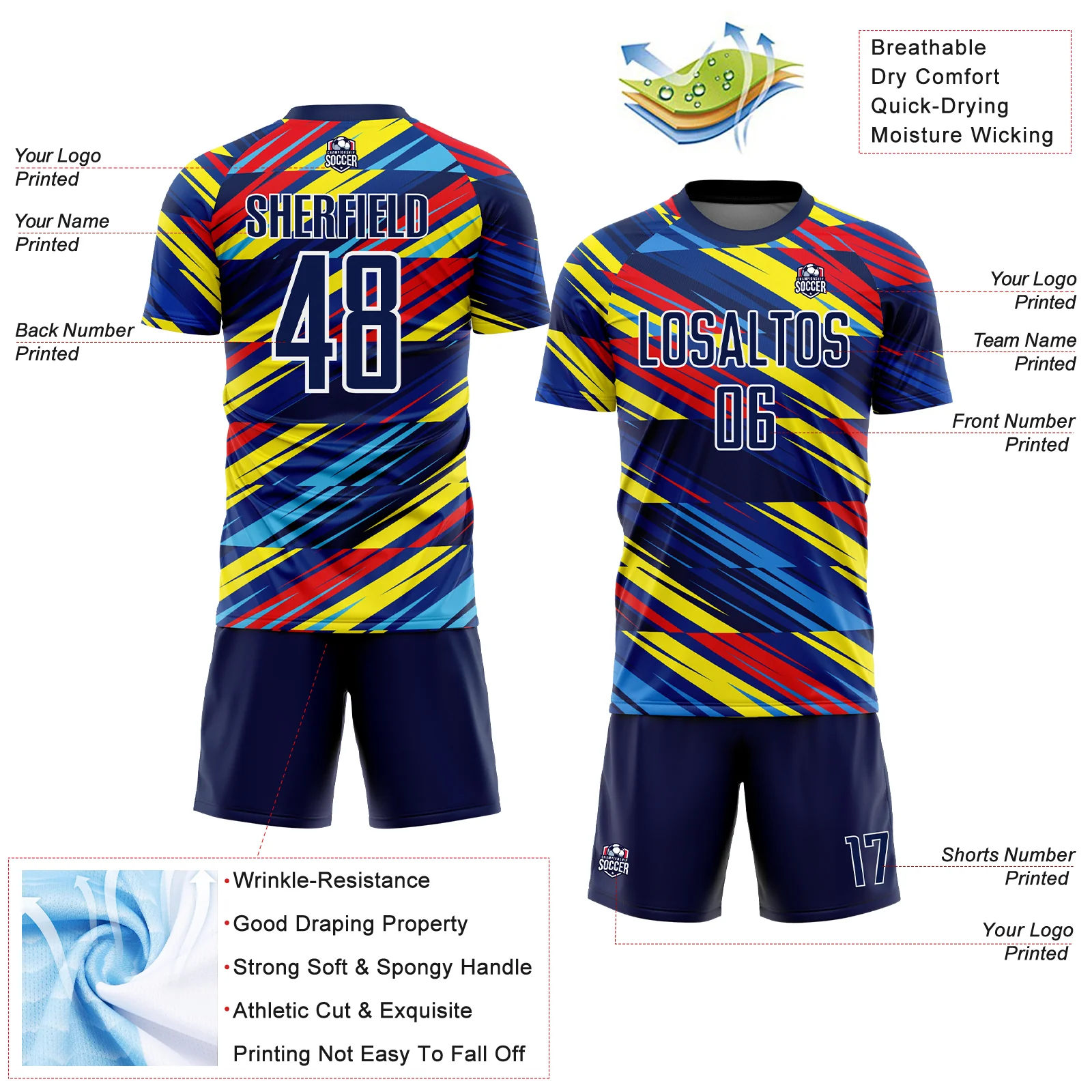 Custom Royal Navy Yellow Blue-Red Colombia Diagonal Stripes Sublimation Soccer Uniform Jersey - Image 4